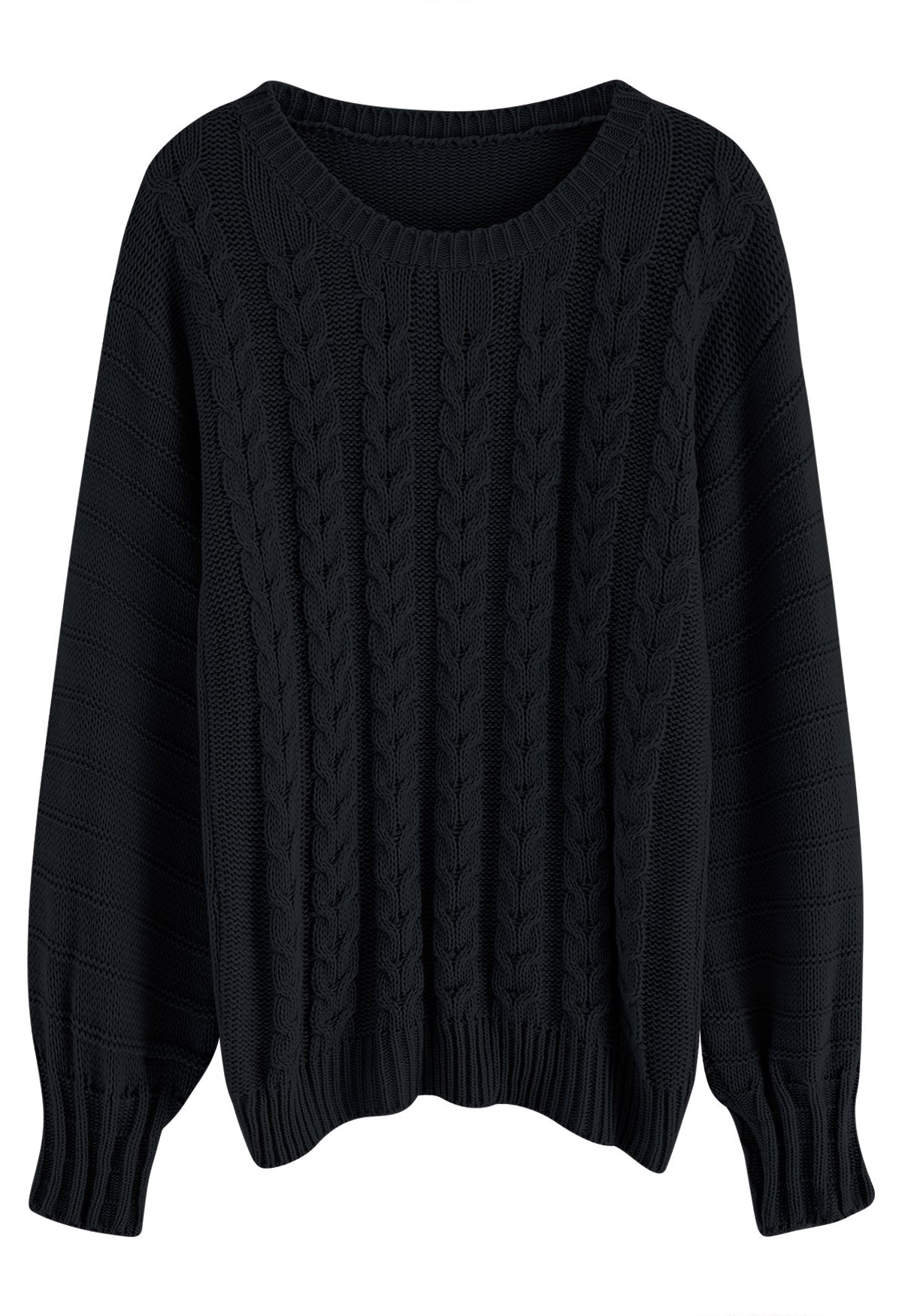 Balloon Sleeve Cable Knit Sweater in Black