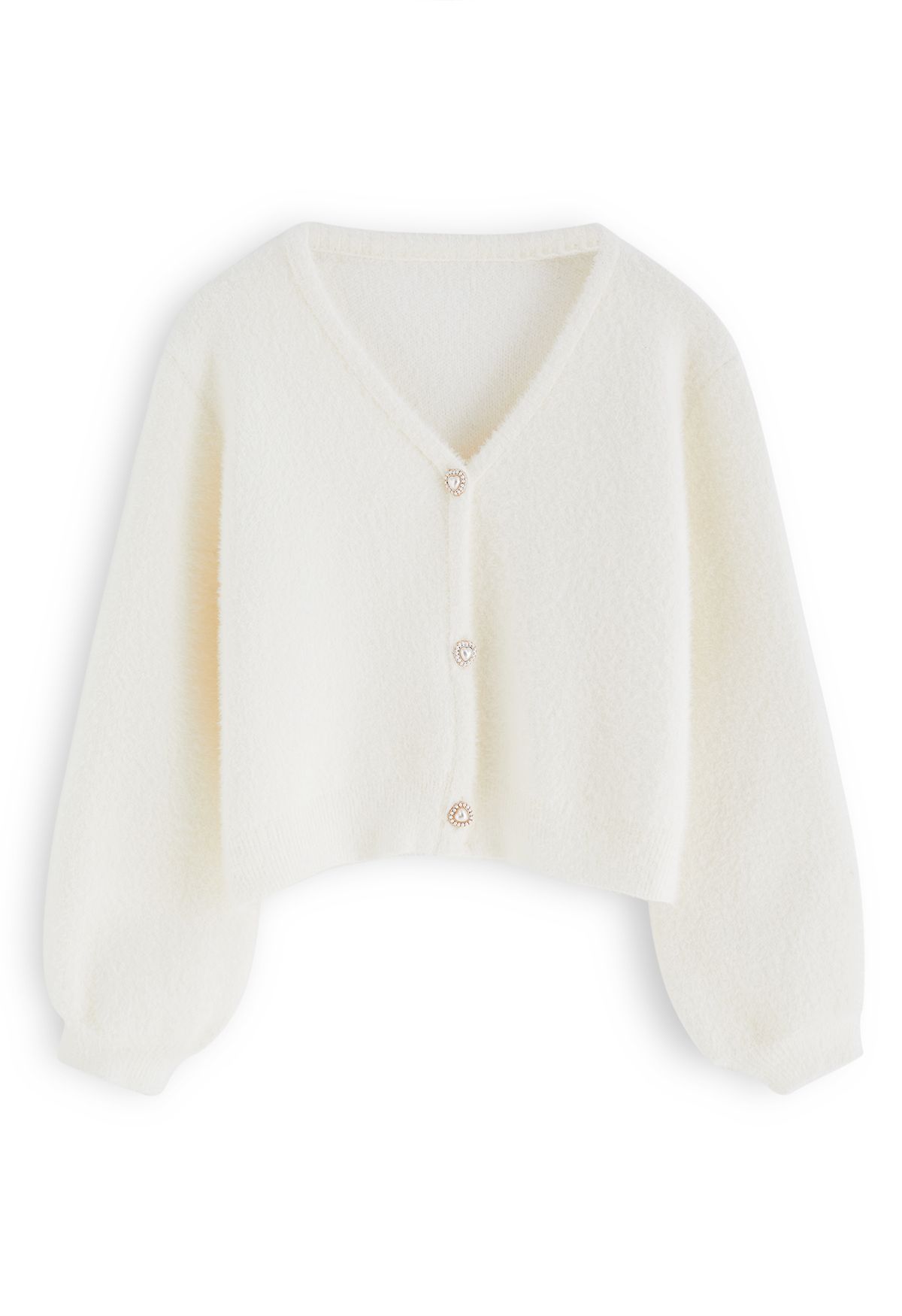 Heart-Shape Button Fuzzy Crop Cardigan in White