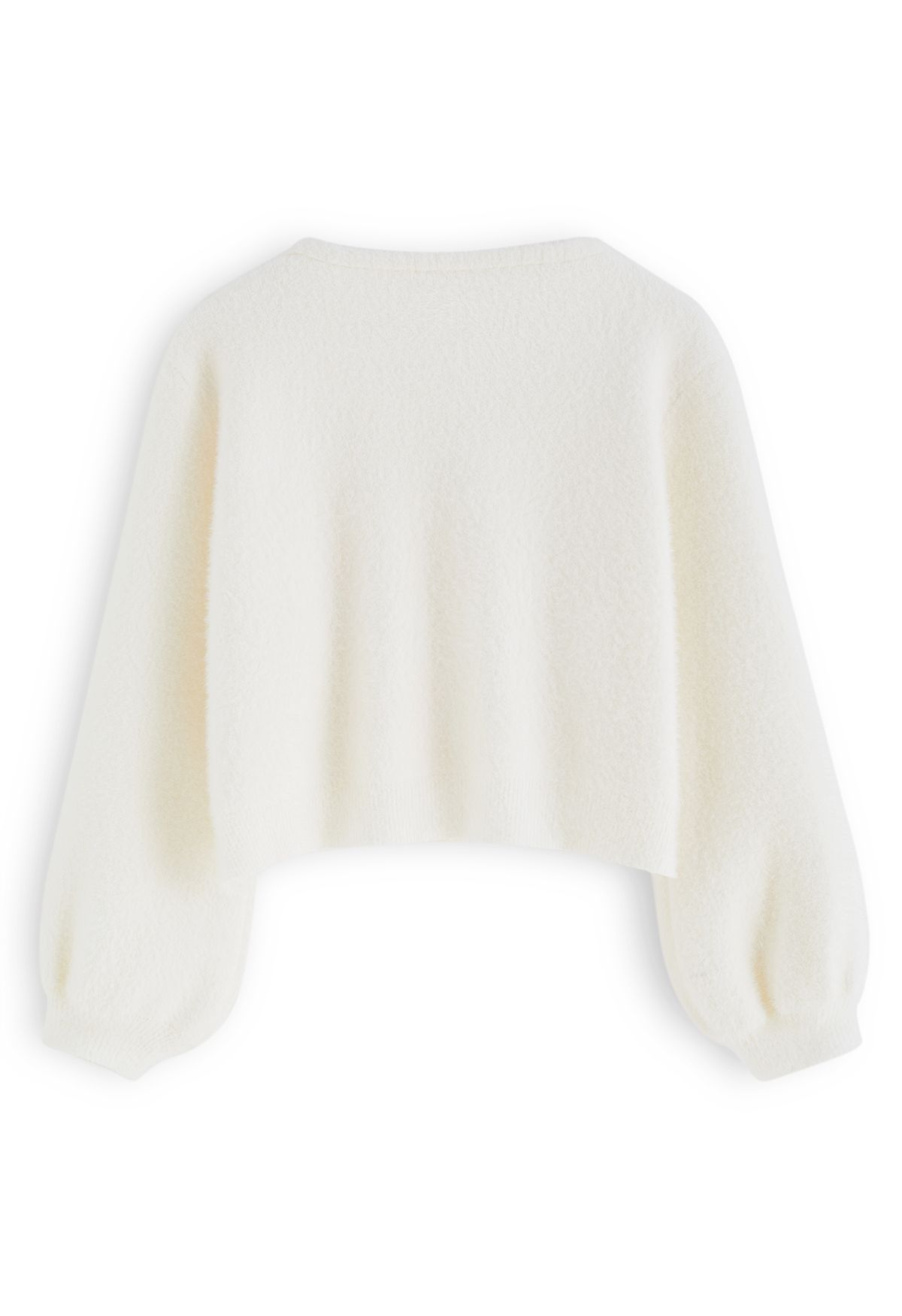 Heart-Shape Button Fuzzy Crop Cardigan in White