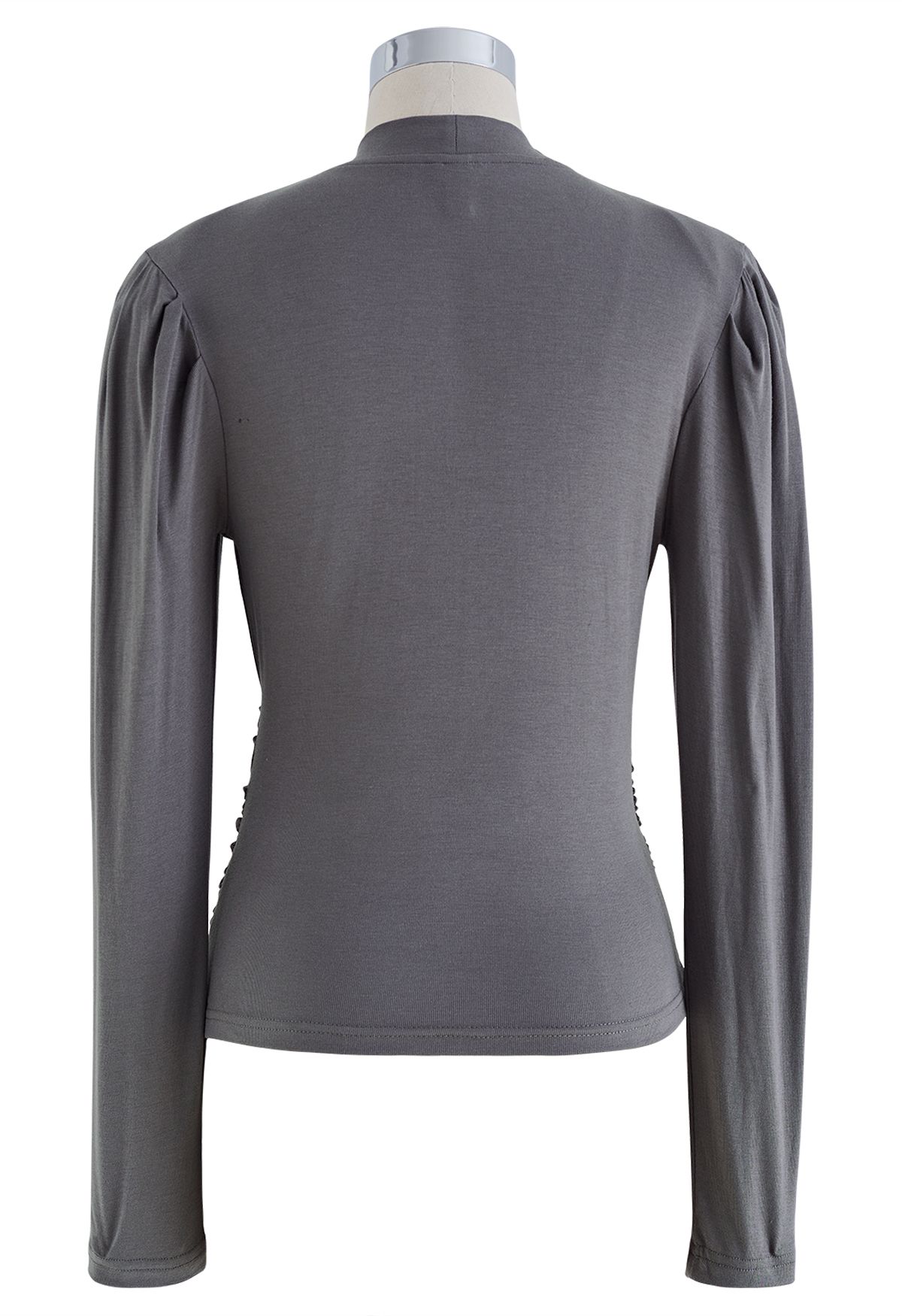 Choker Neck Ruched Front Long Sleeve Top in Grey