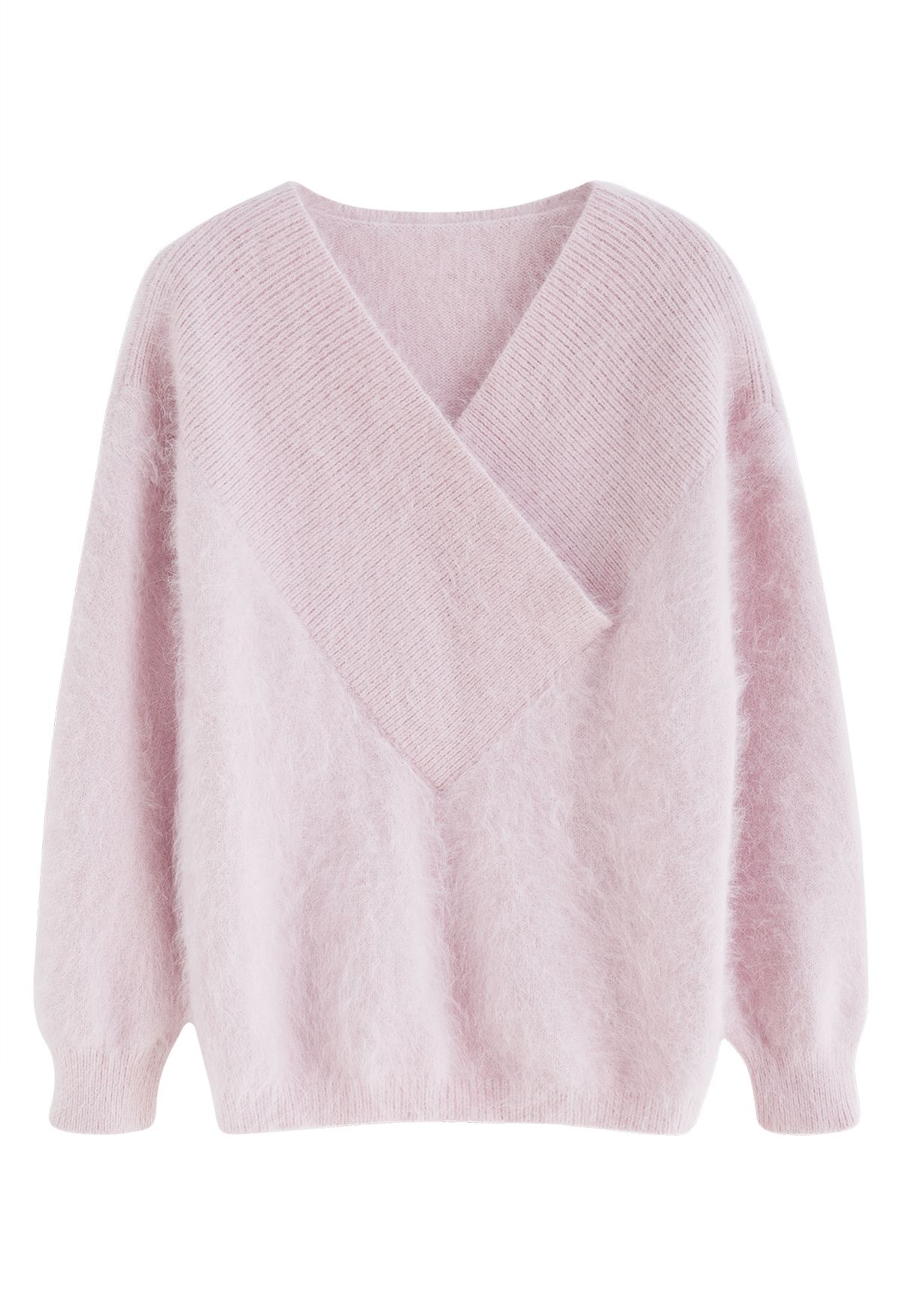 Pink Wrap Neck Fuzzy Knit Sweater