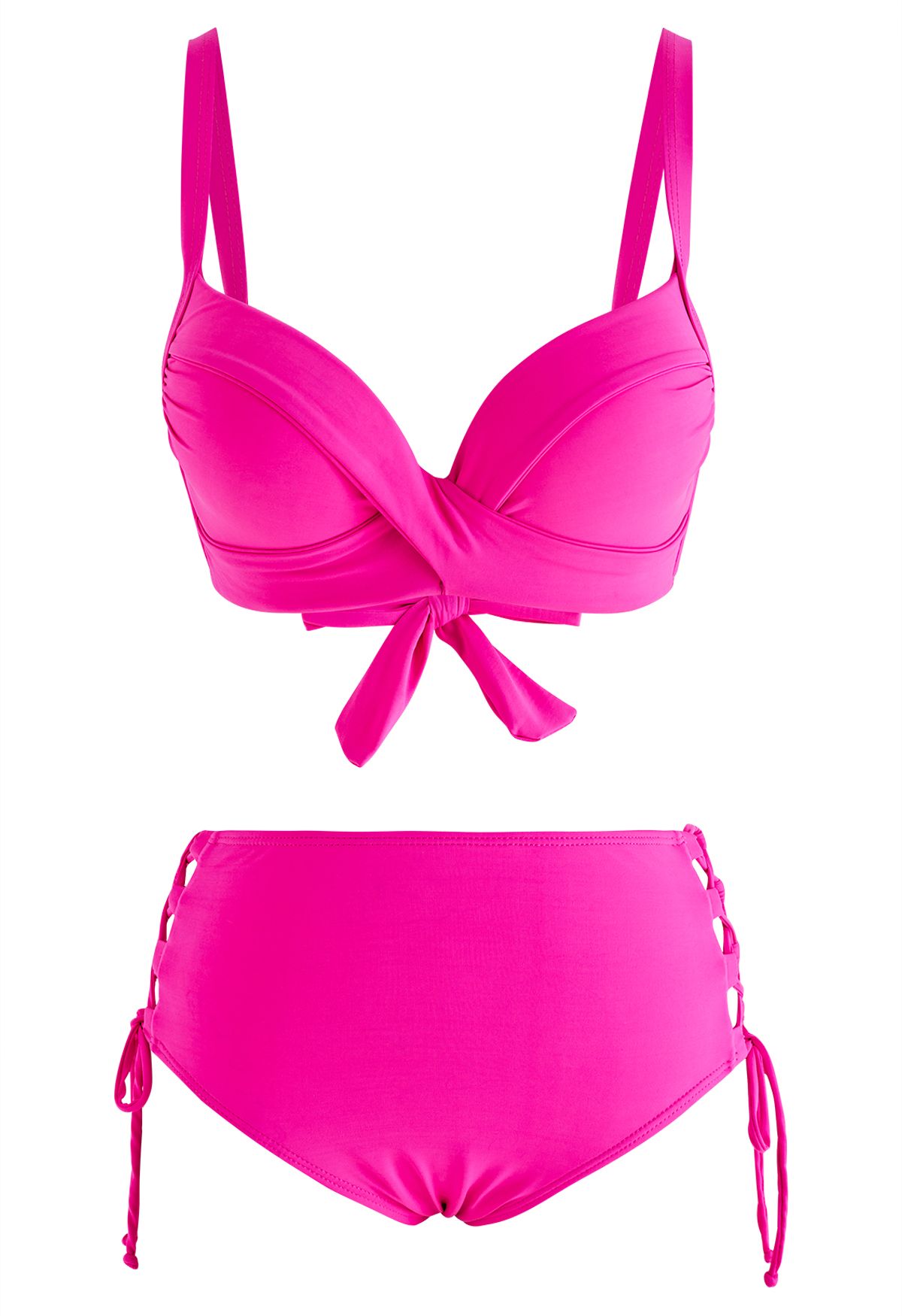 Cutout Magenta Tie String Deep-V Bikini Set