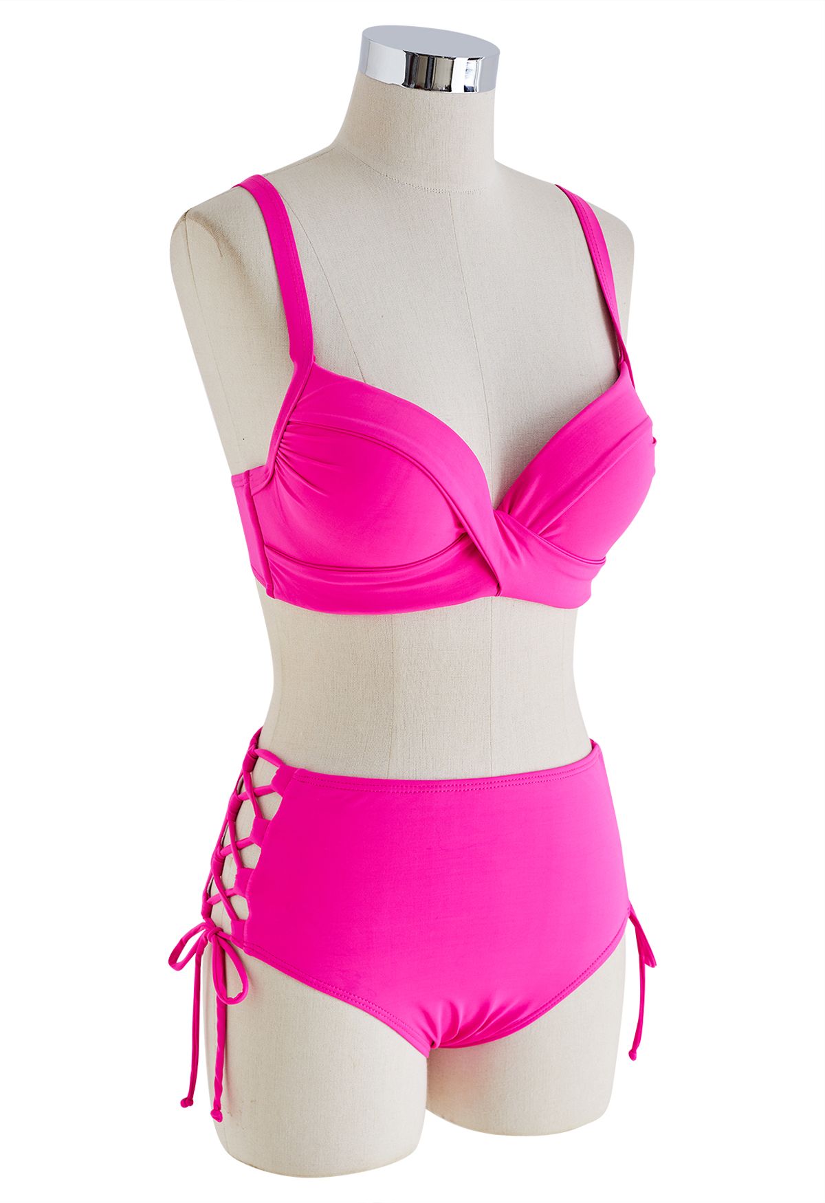 Cutout Magenta Tie String Deep-V Bikini Set