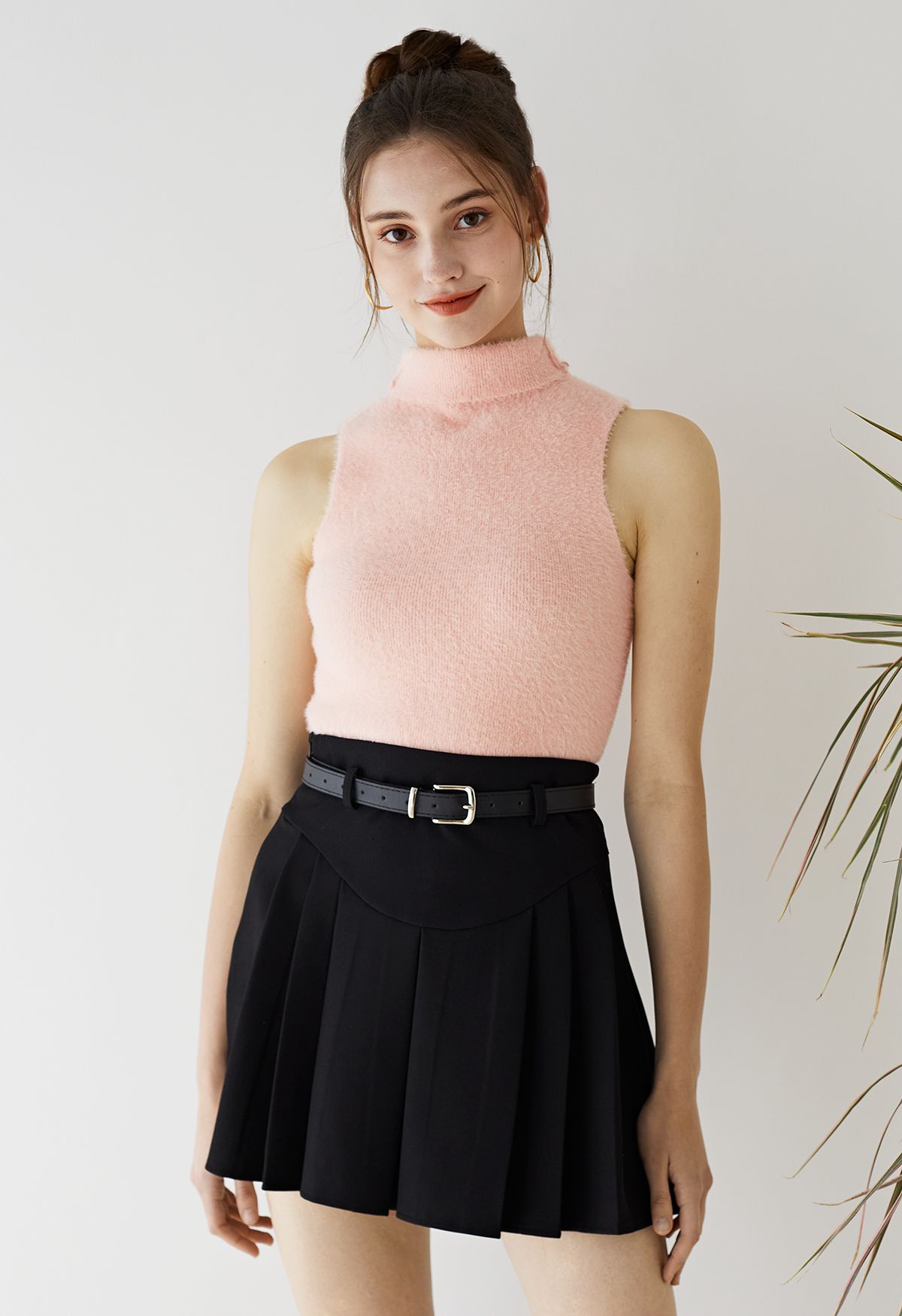 Seam Detailing Belted Pleated Mini Skirt In Black Retro Indie And Unique Fashion