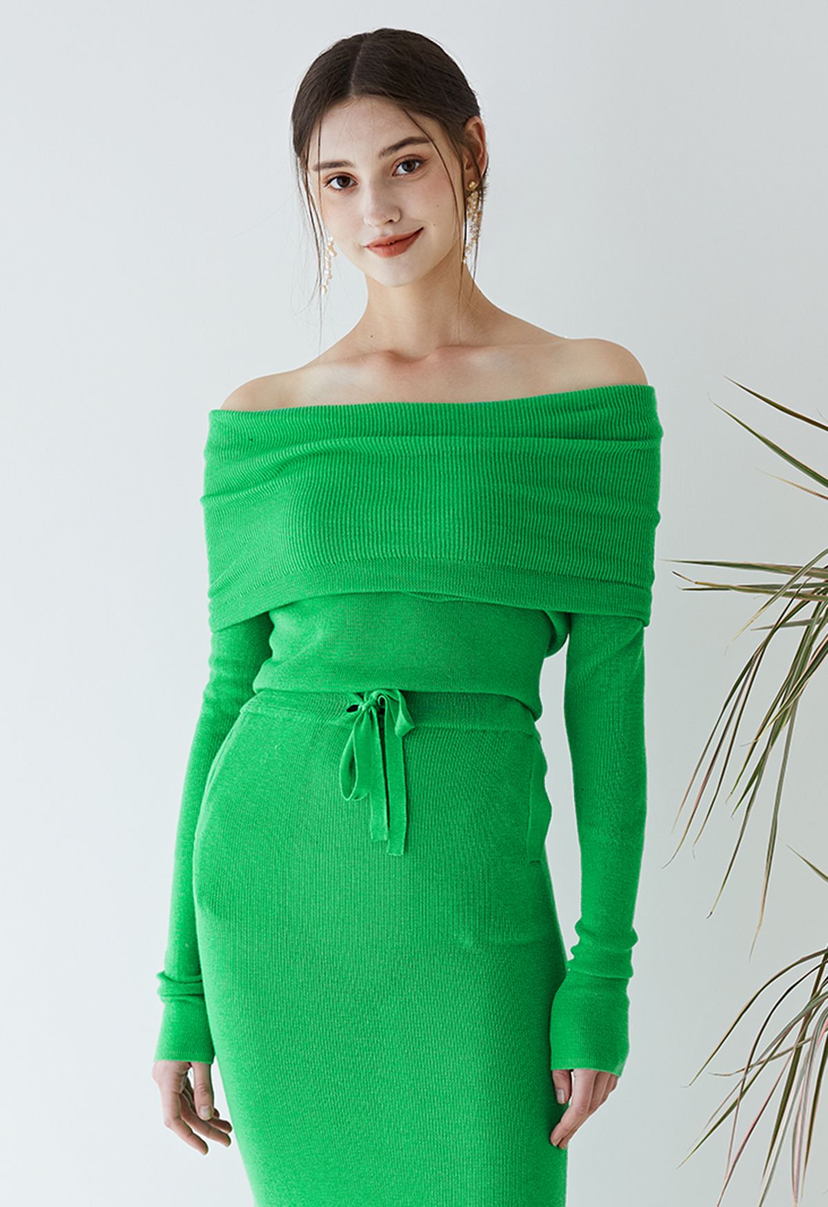 Fold Over Off-Shoulder Knit Top in Green - Retro, Indie and Unique