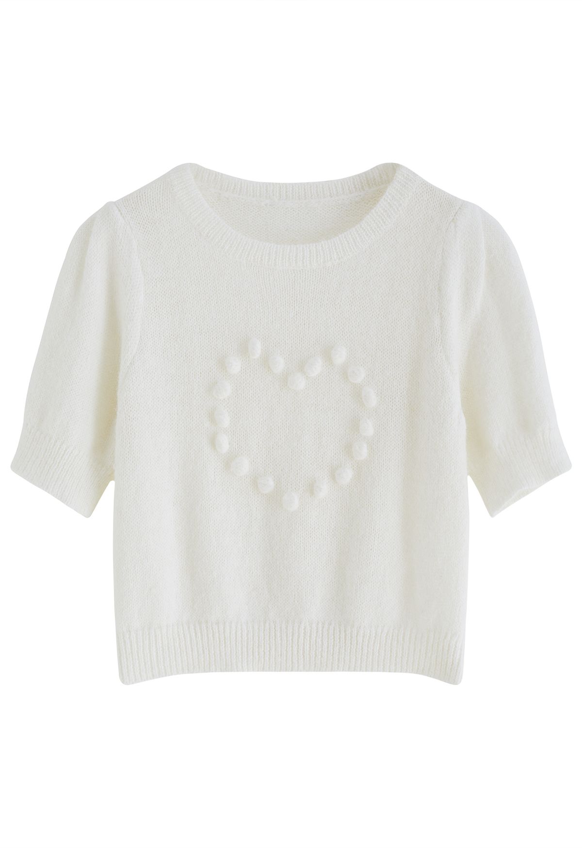 Pom-Pom Heart Short Sleeve Knit Top in White