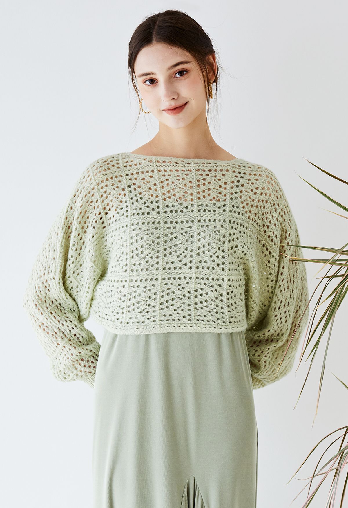 Batwing Sleeve Pointelle Knit Crop Top in Pea Green