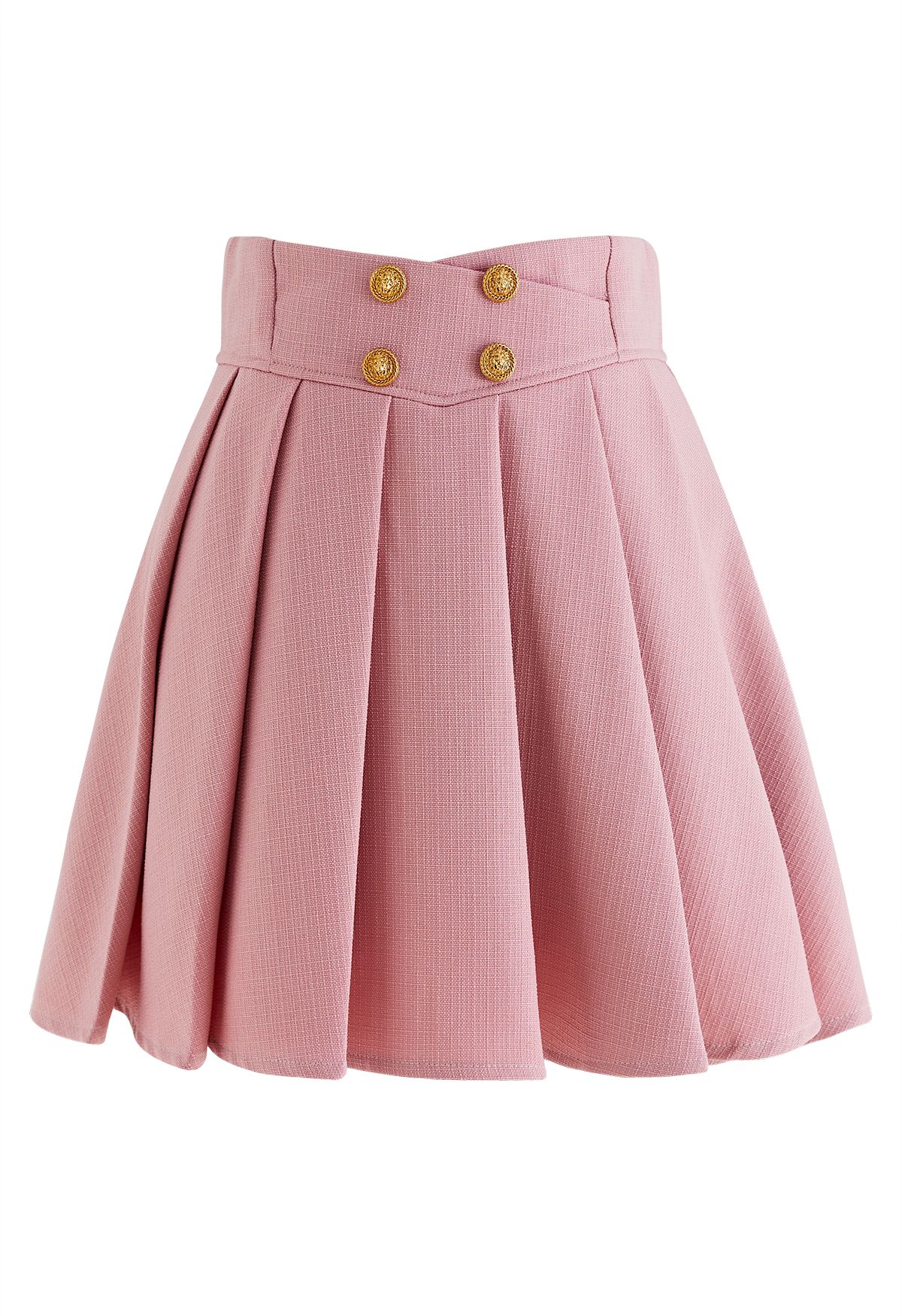 Golden Button Pleated Flare Mini Skirt in Pink - Retro, Indie and Unique  Fashion
