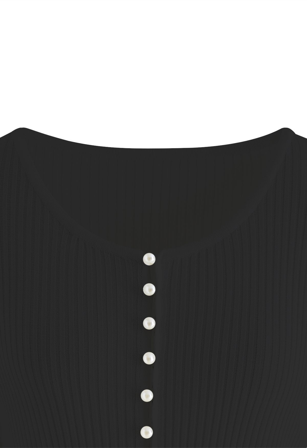 Decorative Pearls Ribbed Knit Top in Black