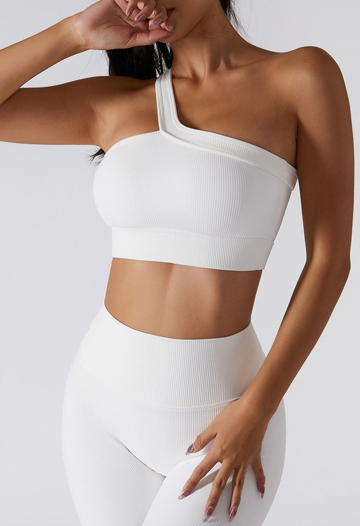Slanted Halter Neck Ribbed Sports Bra in White - Retro, Indie and