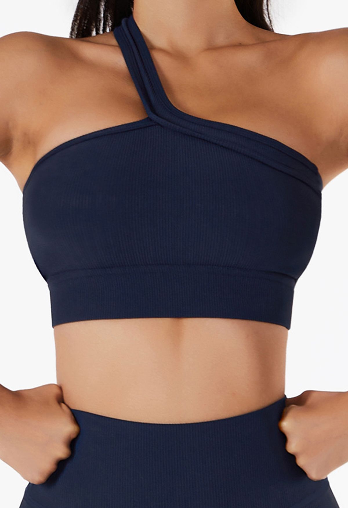 Slanted Halter Neck Ribbed Sports Bra in Navy - Retro, Indie and Unique  Fashion