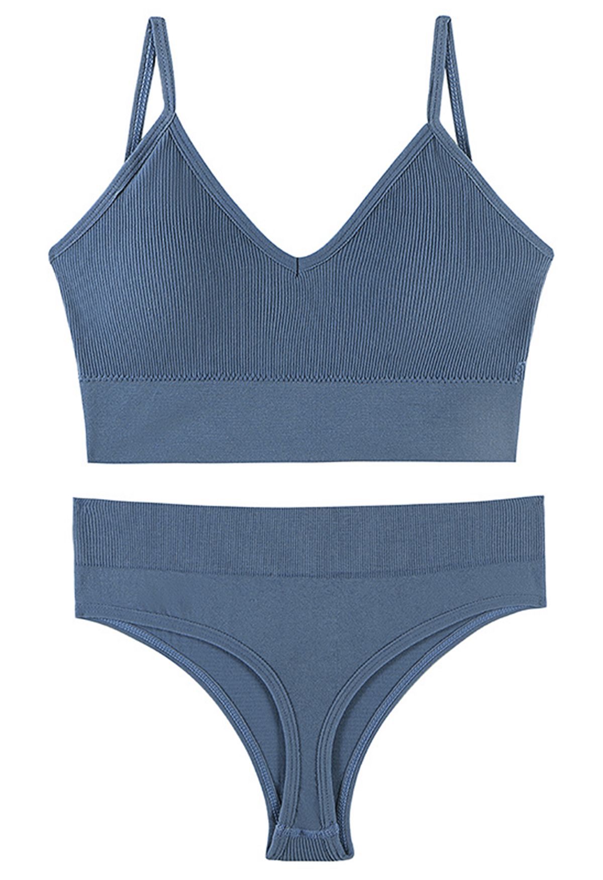 Plain Ribbed Lingerie Bra Top and Thong Set in Blue - Retro, Indie