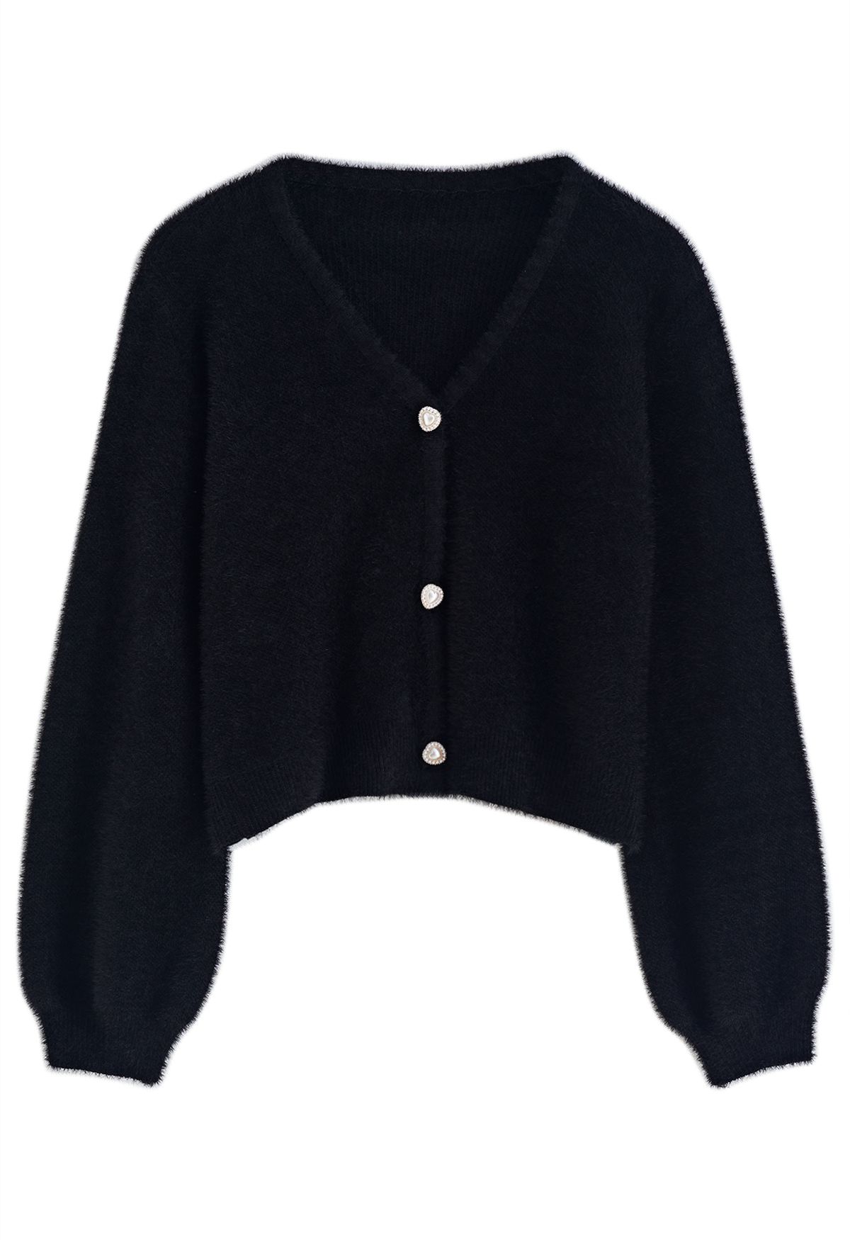 Heart-Shape Button Fuzzy Crop Cardigan in Black