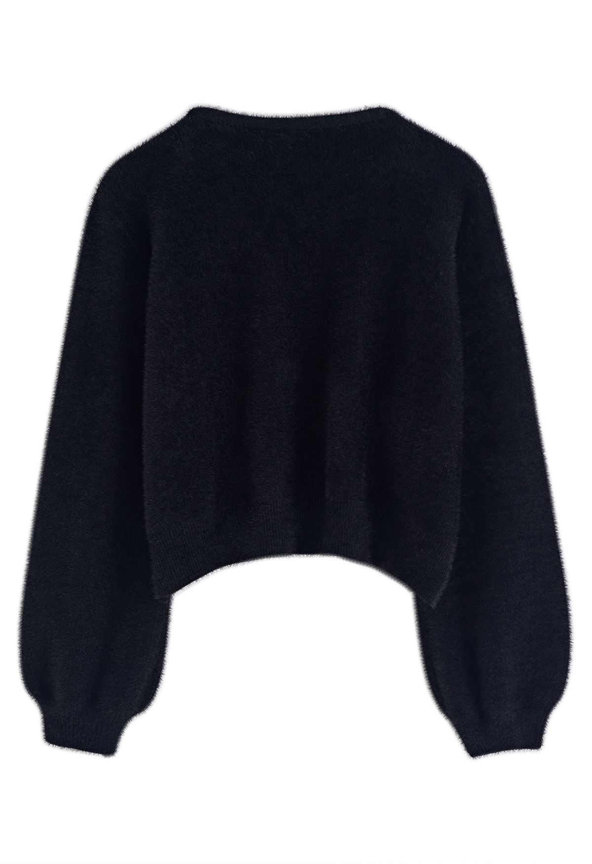 Heart-Shape Button Fuzzy Crop Cardigan in Black