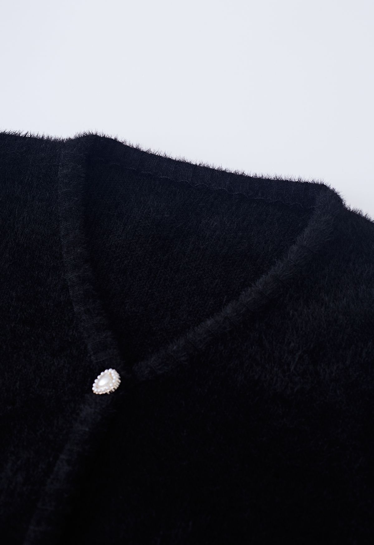 Heart-Shape Button Fuzzy Crop Cardigan in Black