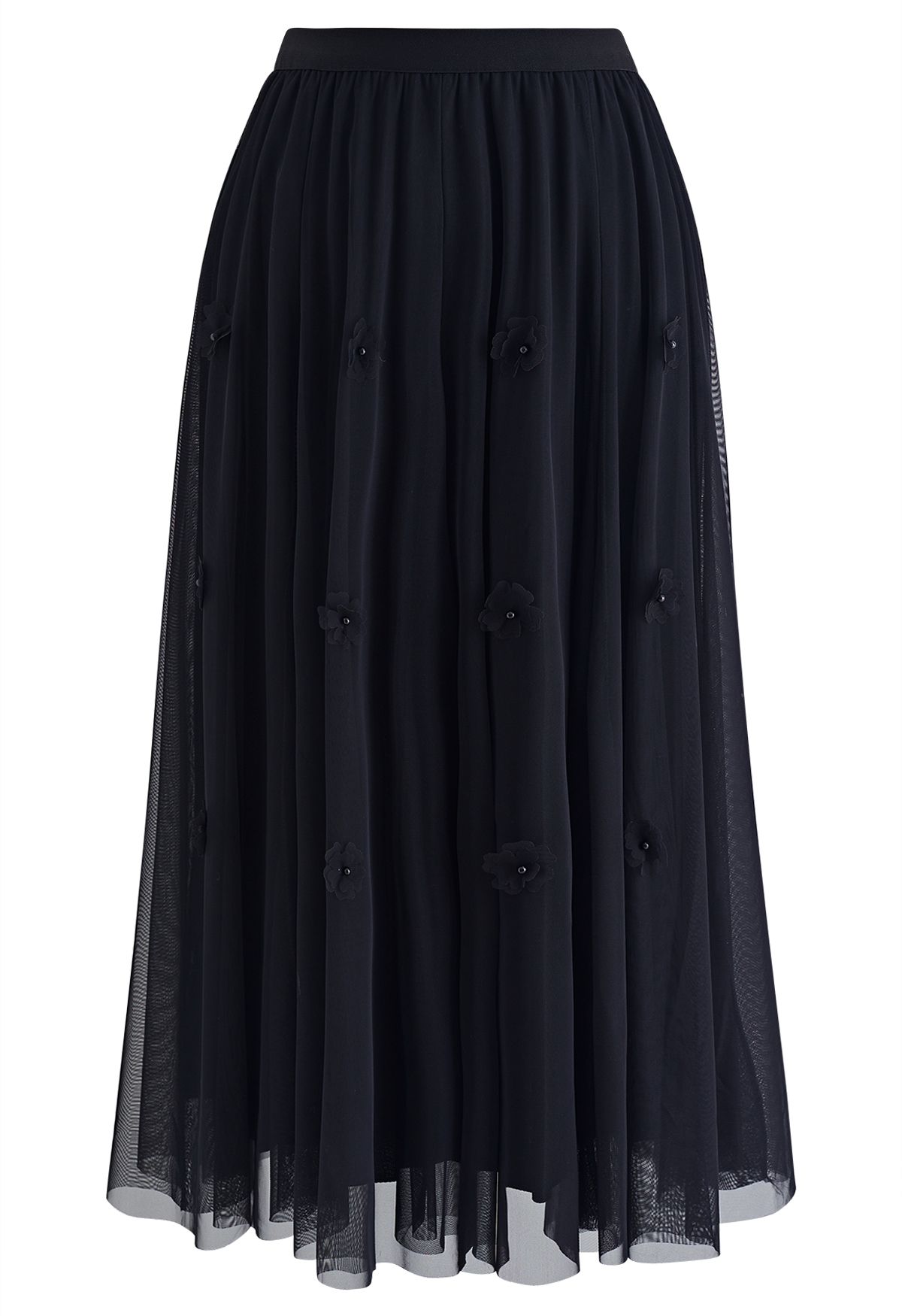 3D Flower Embellished Tulle Midi Skirt in Black