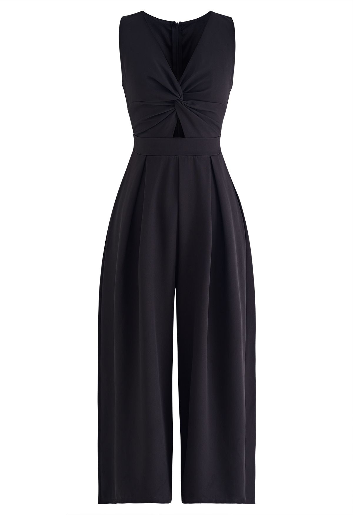 Sleeveless Twist Front Cutout Pleated Jumpsuit