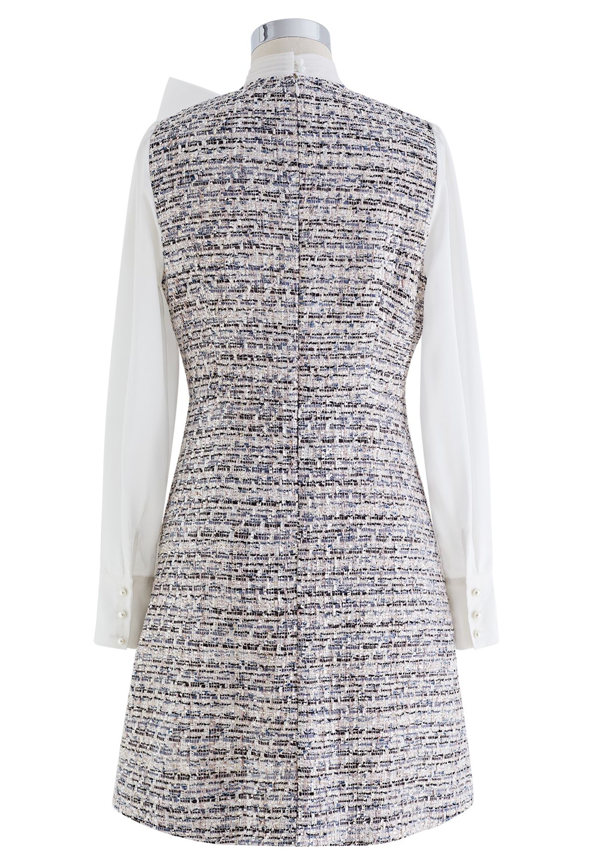 Bow Neck Sequined Tweed Mini Dress