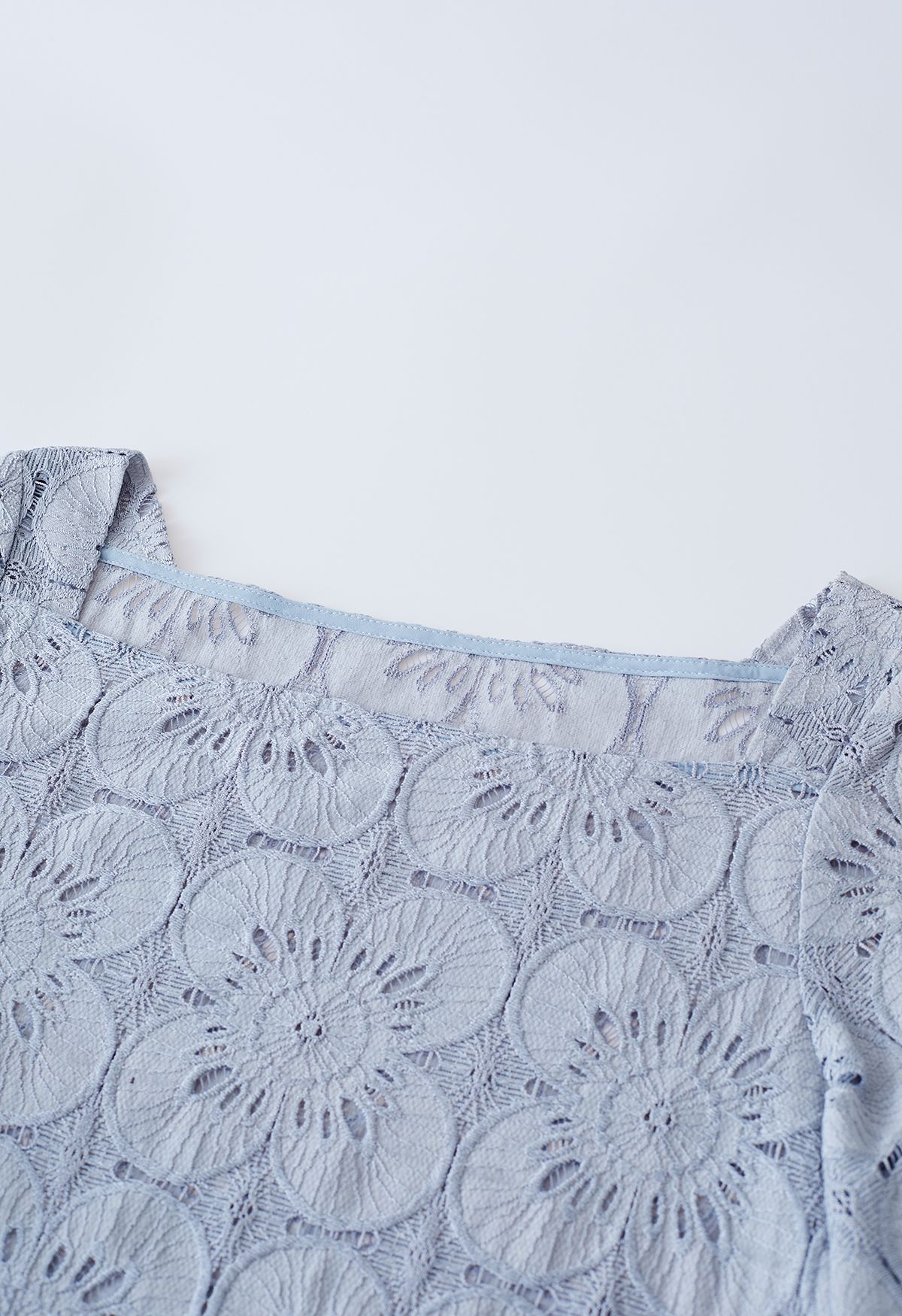 Square Neck Floral Cutwork Top in Blue