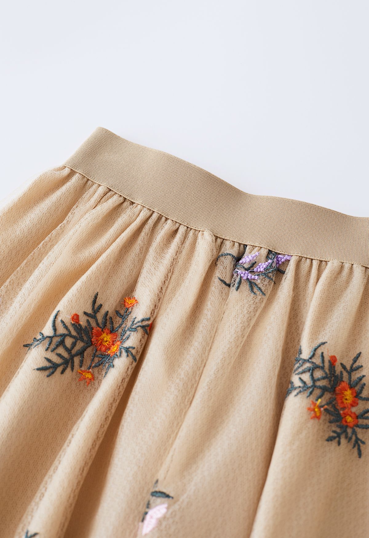 Floret Embroidered Double-Layered Mesh Skirt