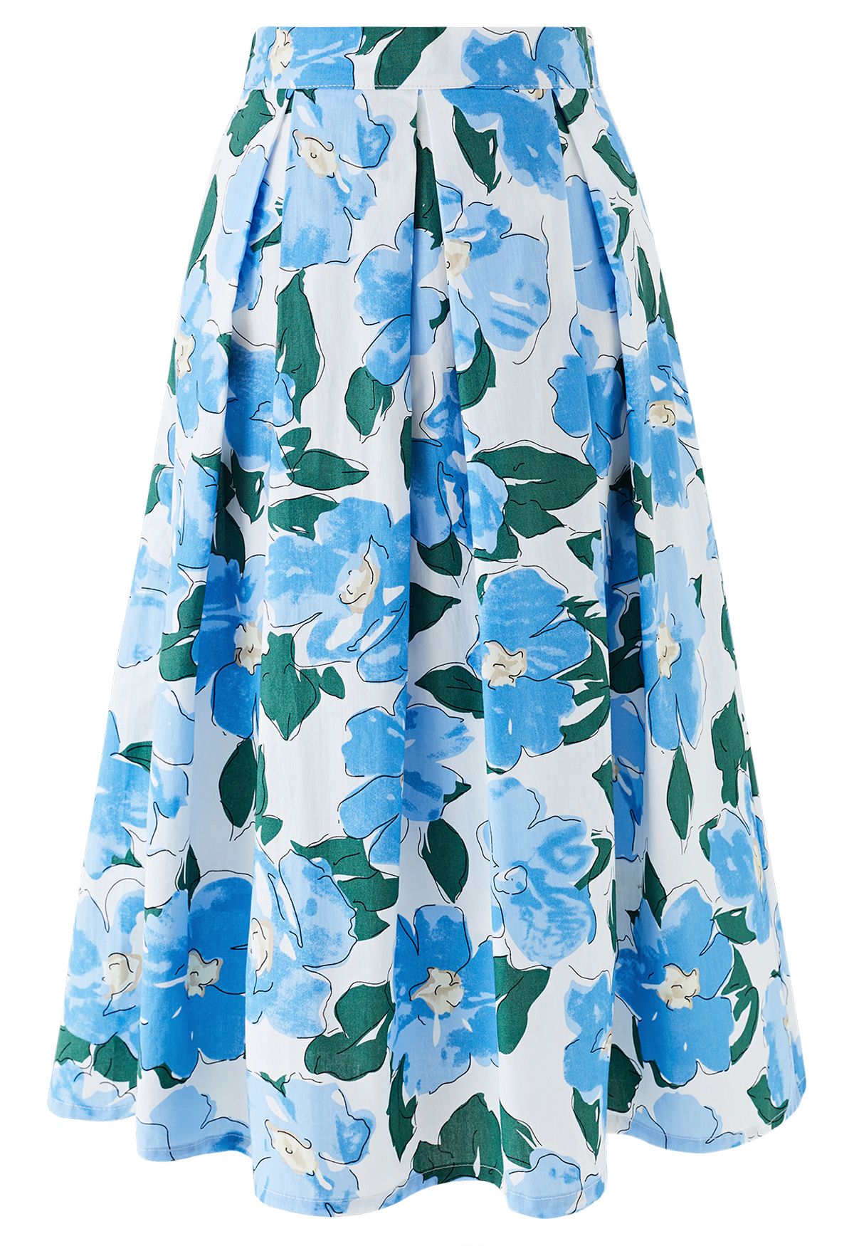 Fashion blue floral pleated skirt