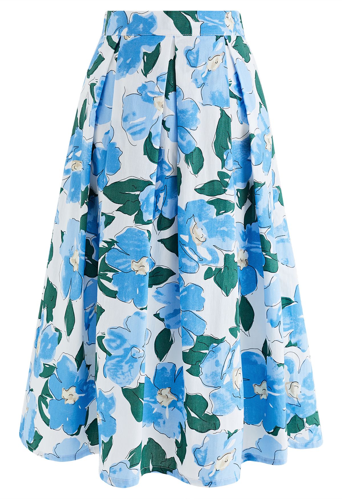 Watercolor Blue Flower Pleated Skirt