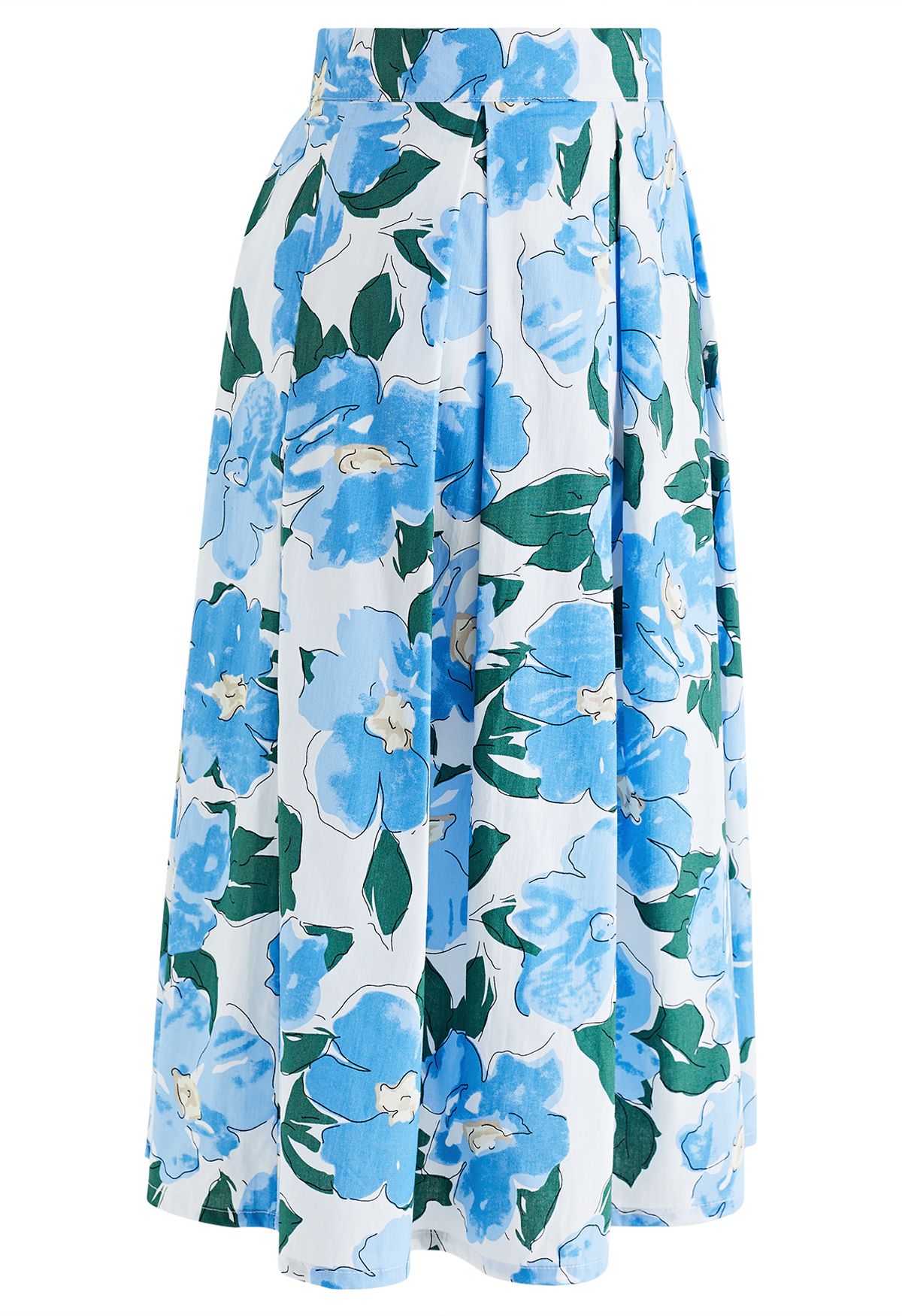 Watercolor Blue Flower Pleated Skirt