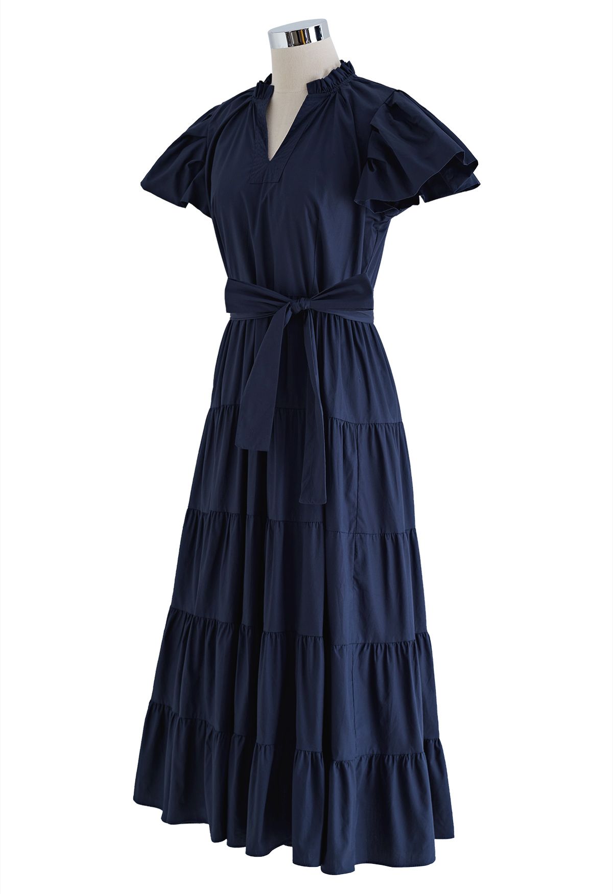 V-Neck Flutter Sleeve Ruffle Cotton Dress in Navy - Retro, Indie and ...