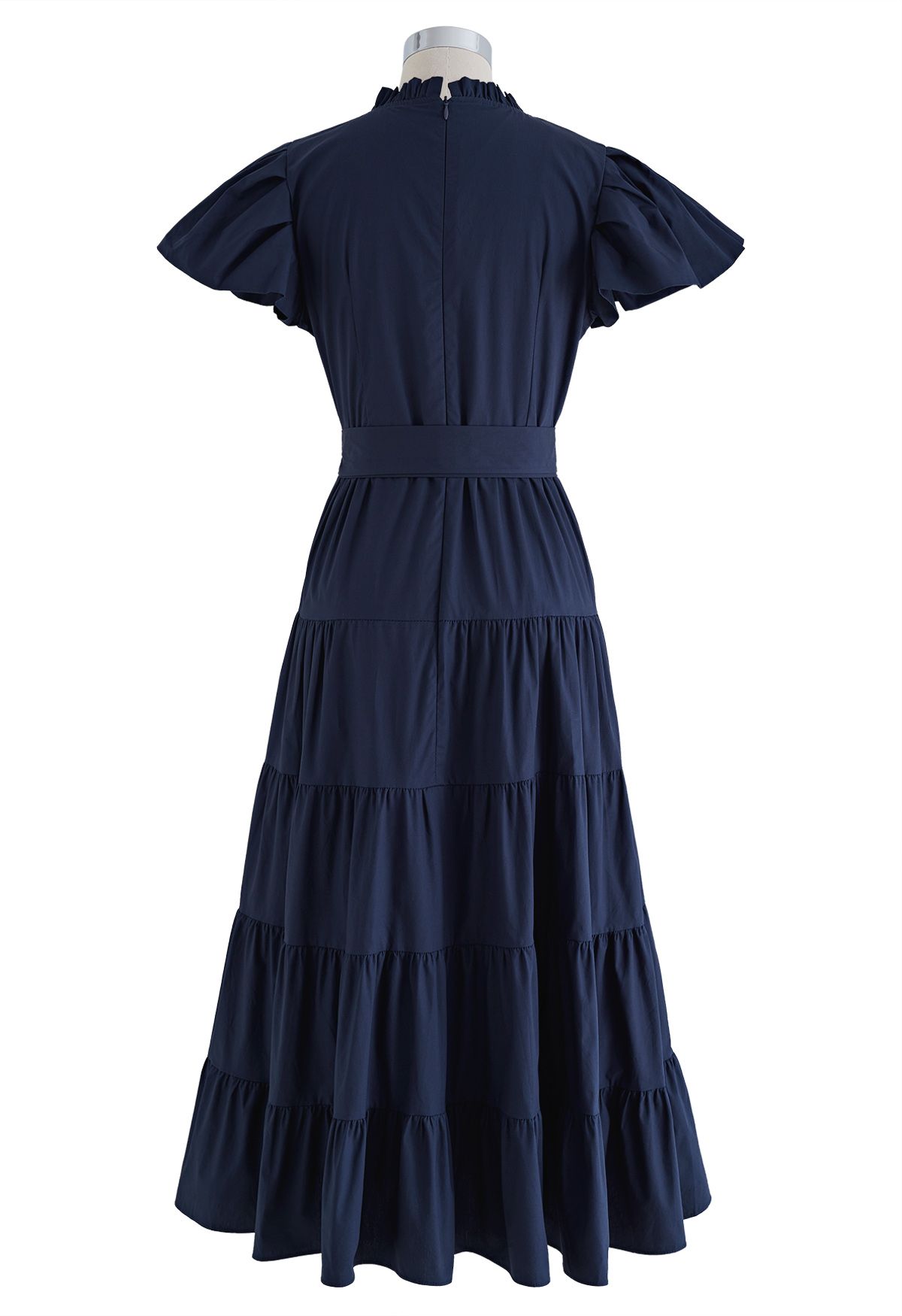 V-Neck Flutter Sleeve Ruffle Cotton Dress in Navy - Retro, Indie and ...