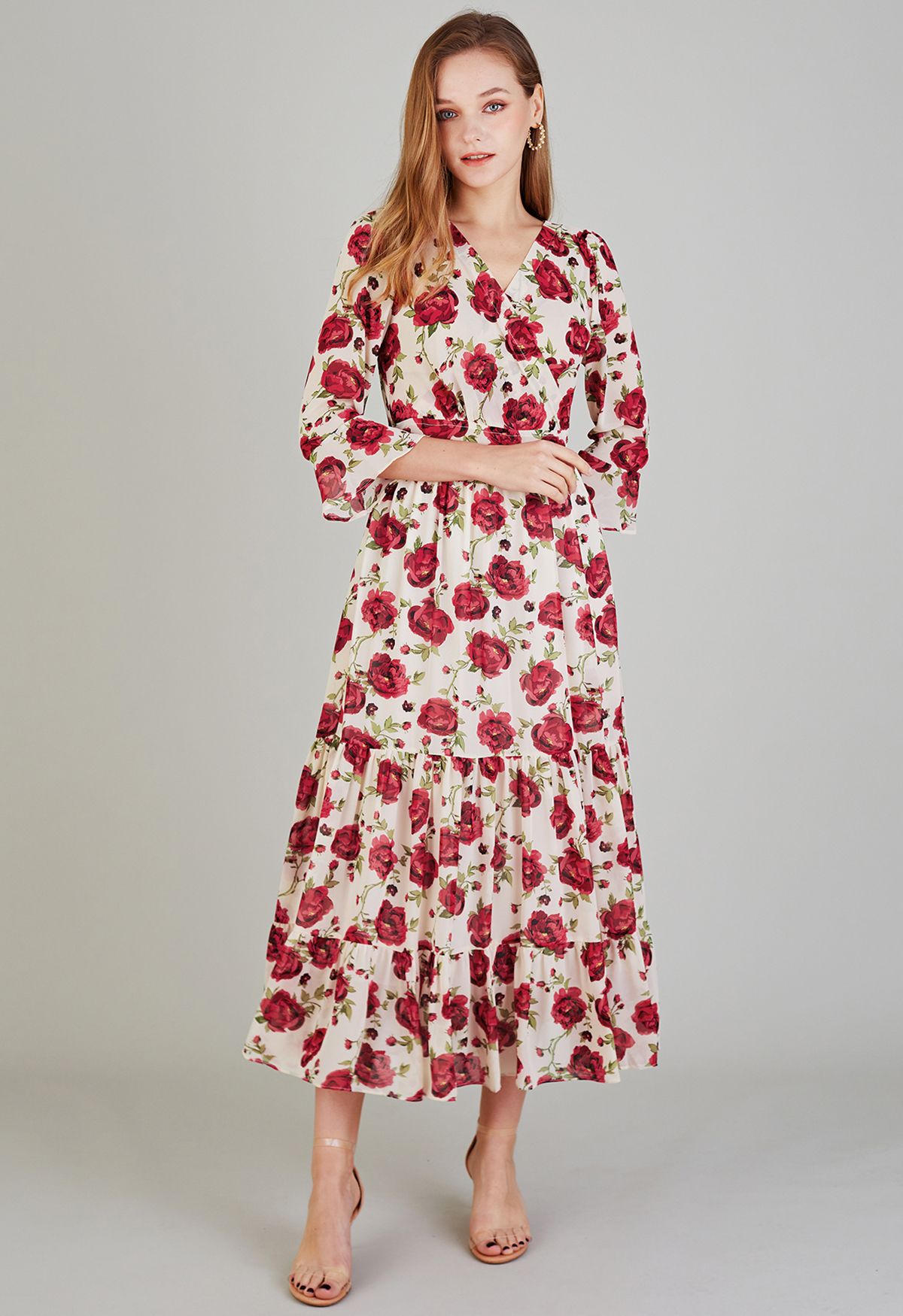 Flounced Cuffs Red Peony Chiffon Wrap Dress - Retro, Indie and Unique ...