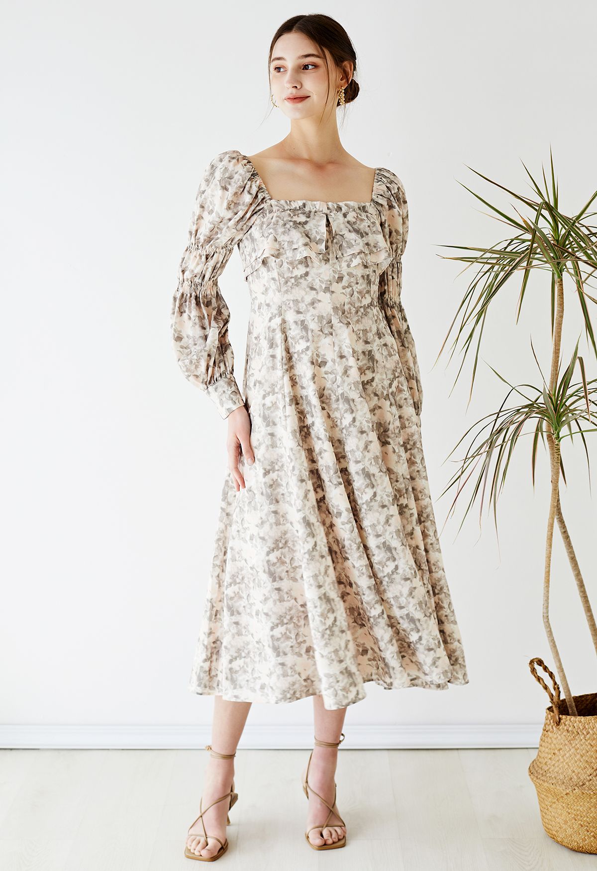 Square Neck Plant Shadow Print Midi Dress