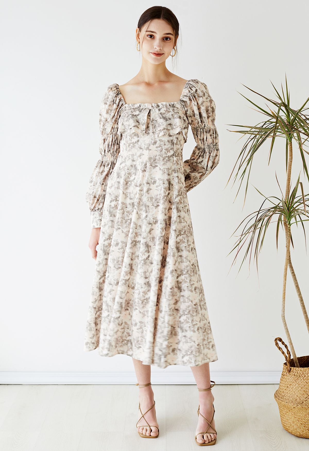 Square Neck Plant Shadow Print Midi Dress