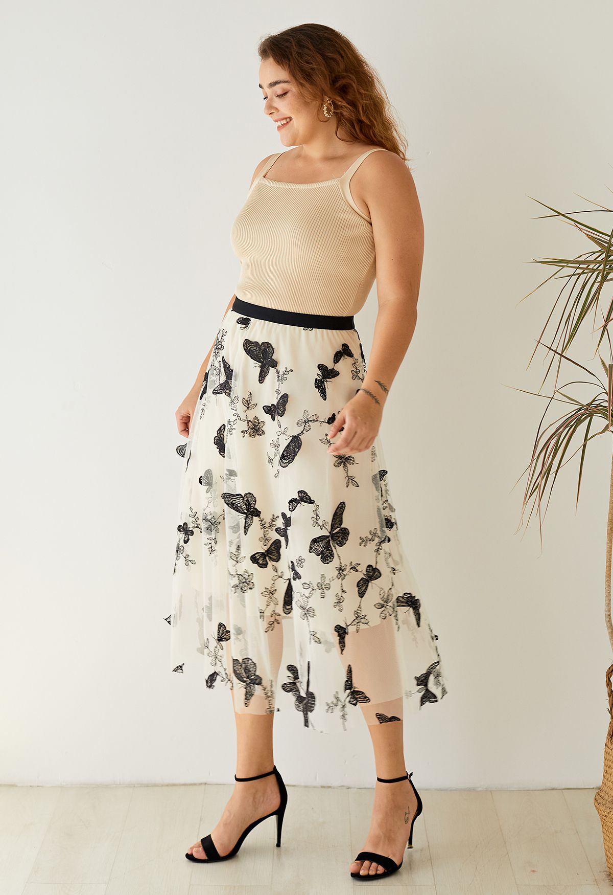 unique 3D Butterfly Double-Layered Mesh Midi Skirt in Cream - Retro, Indie  and Unique Fashion