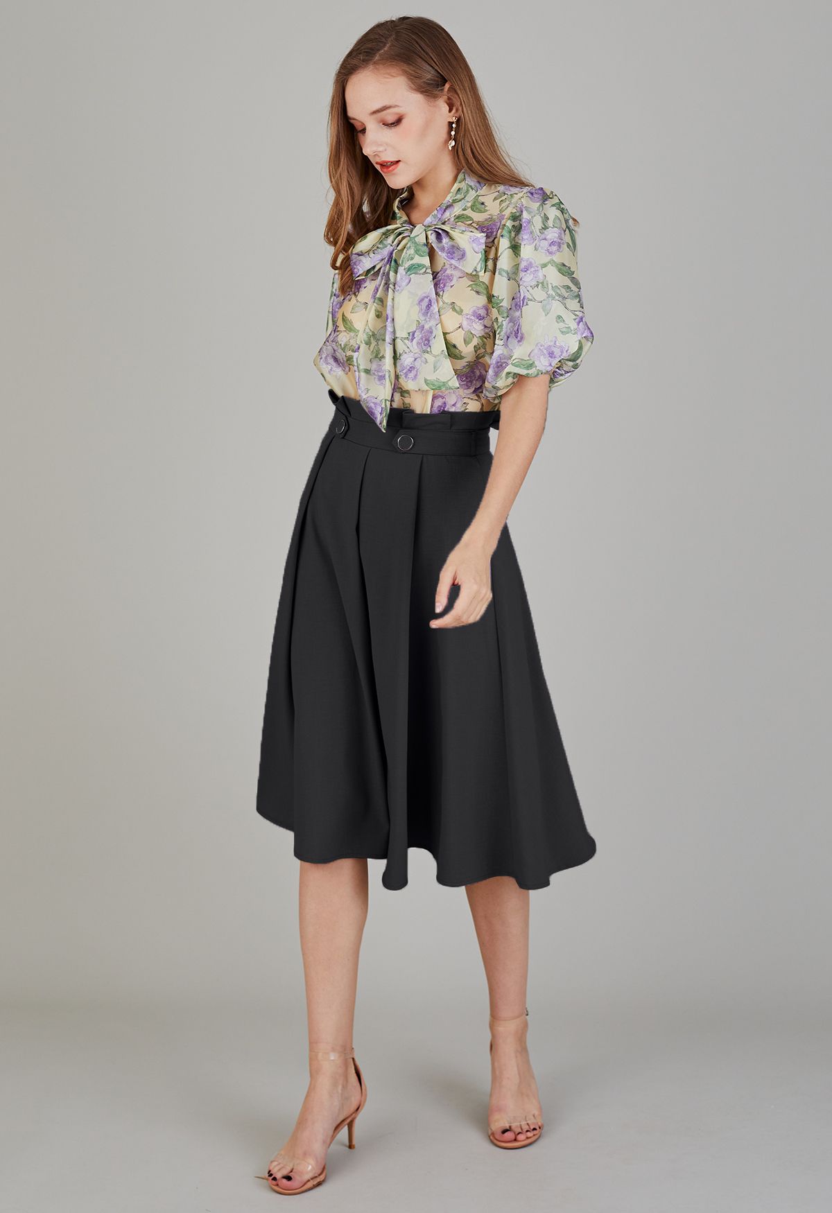 Pleated Buttoned Waist A-Line Midi Skirt in Black