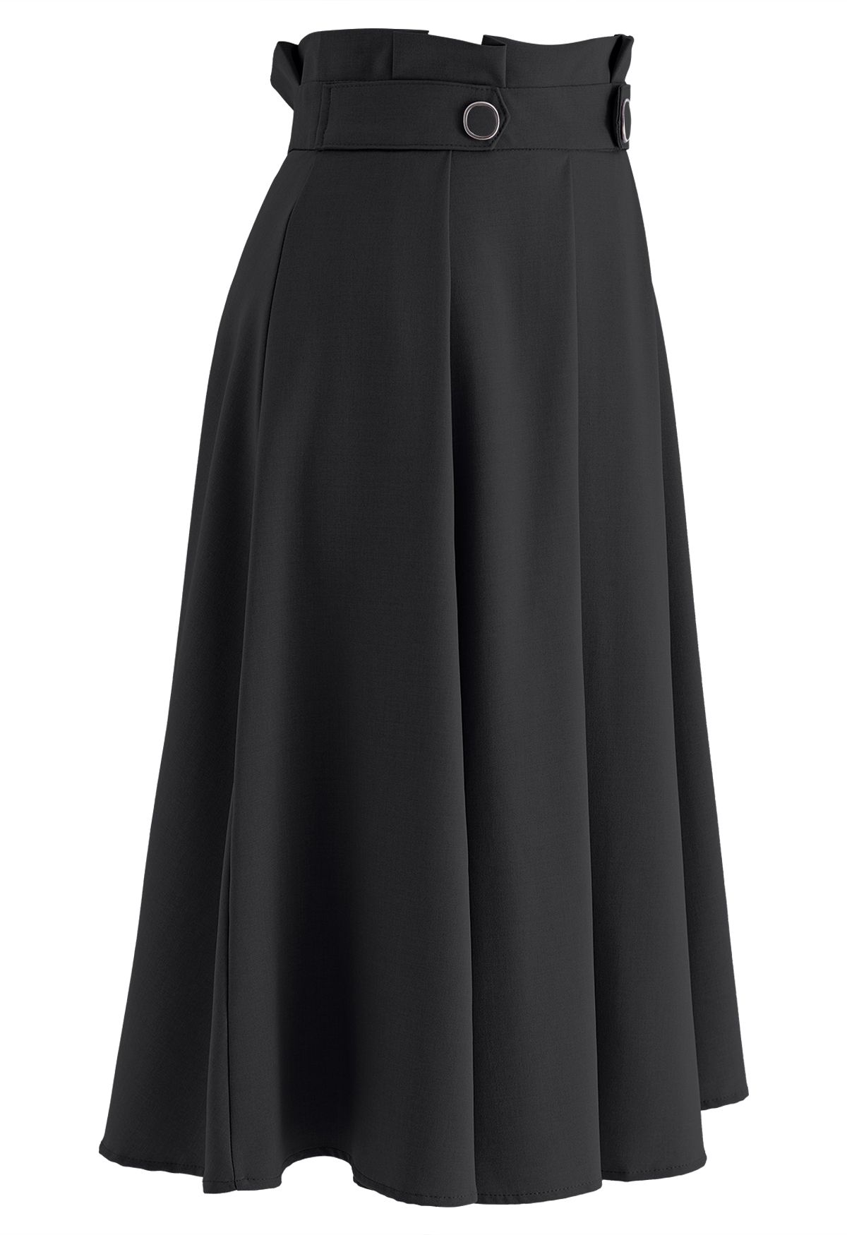 Pleated Buttoned Waist A-Line Midi Skirt in Black