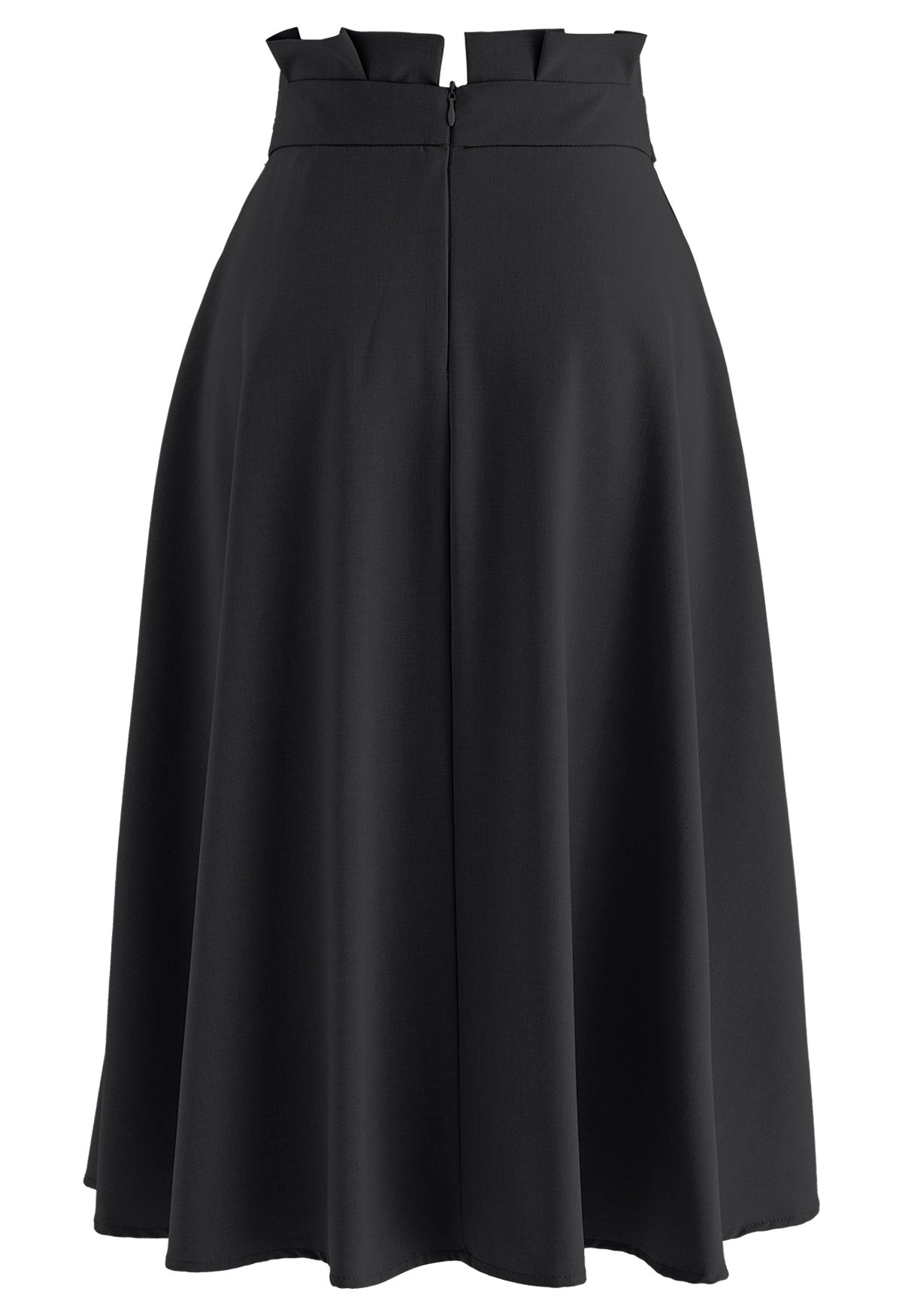 Pleated Buttoned Waist A-Line Midi Skirt in Black