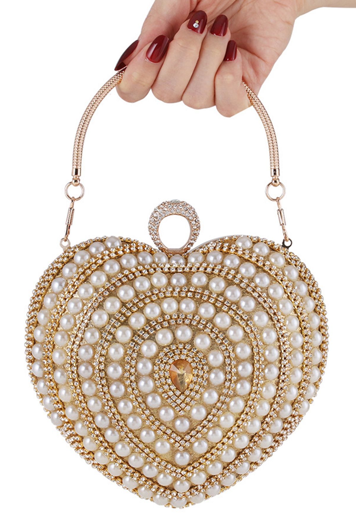 Heart Shape Pearl Decor Clutch in Gold