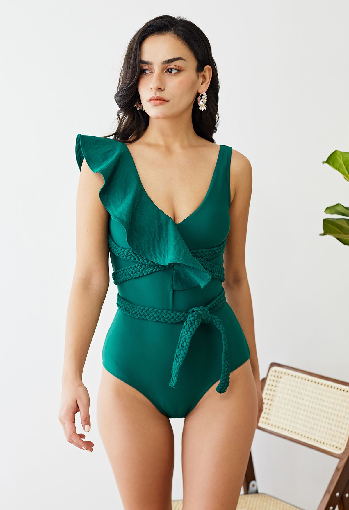 Braided Strap Ruffle Trim Swimsuit in Dark Green - Retro, Indie and Unique  Fashion