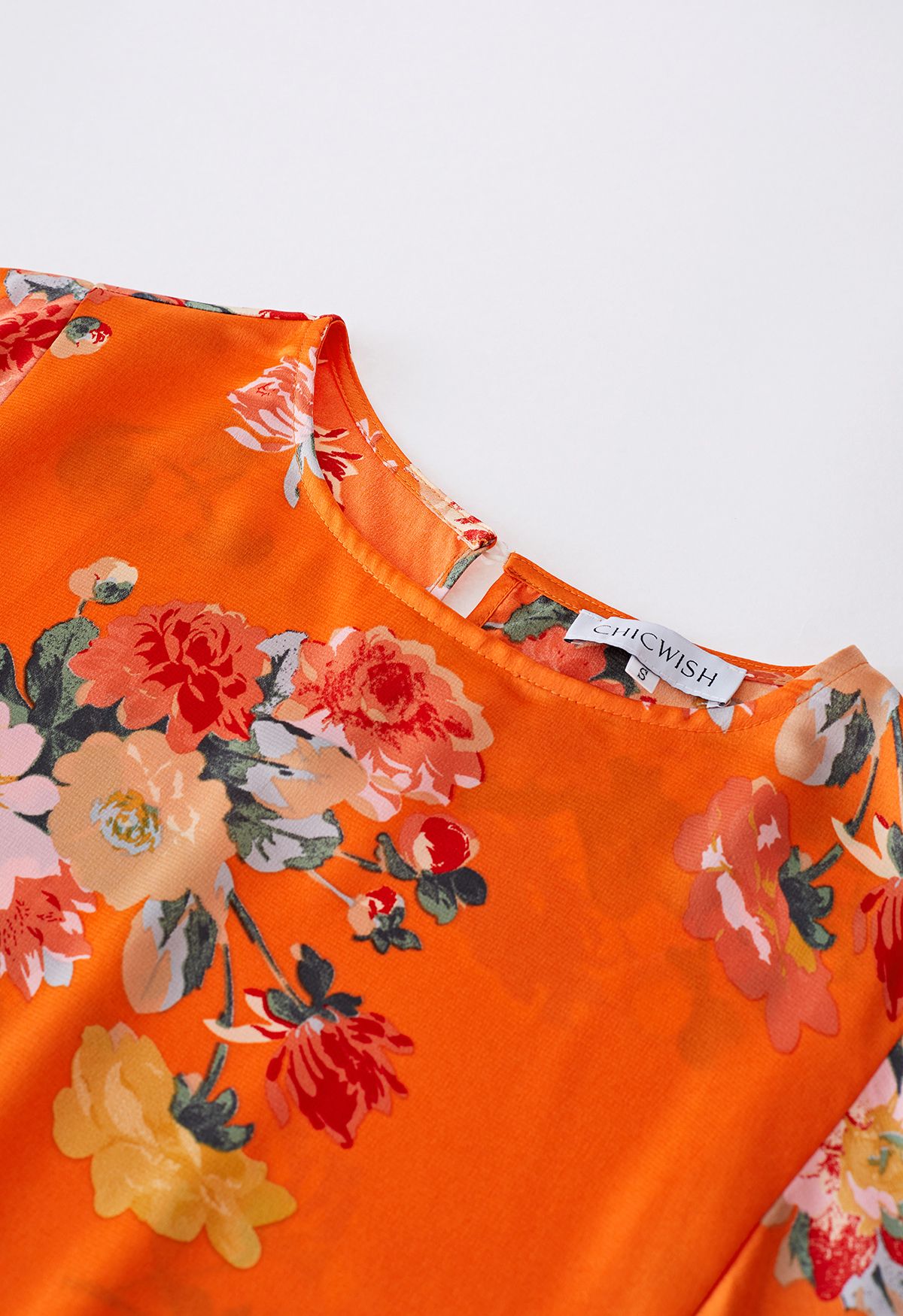 Dreamy Bouquet Printed Bubble Sleeves Frilling Dress in Orange