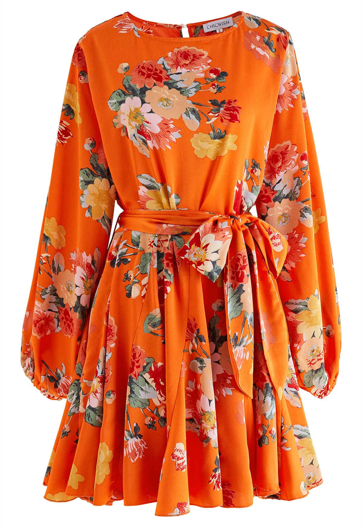 Dreamy Bouquet Printed Bubble Sleeves Frilling Dress in Orange