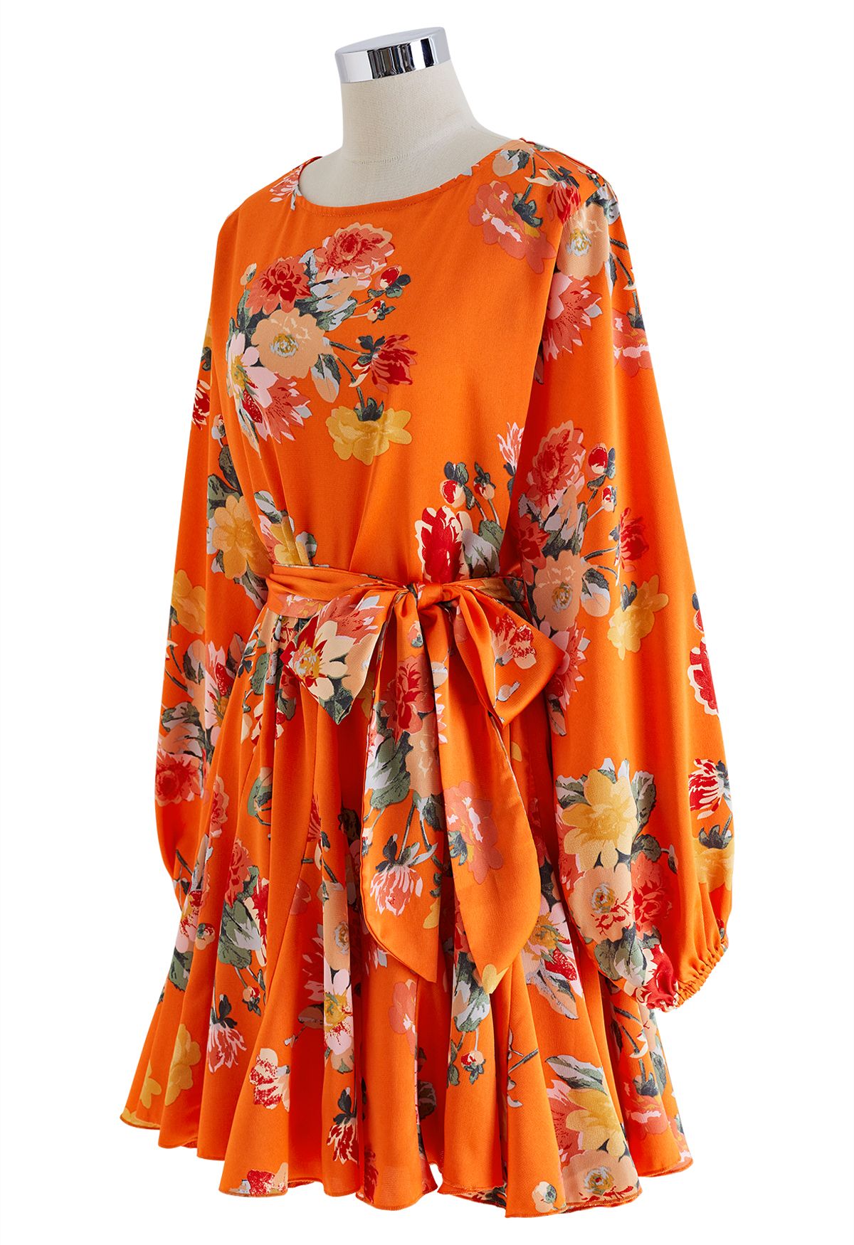 Dreamy Bouquet Printed Bubble Sleeves Frilling Dress in Orange