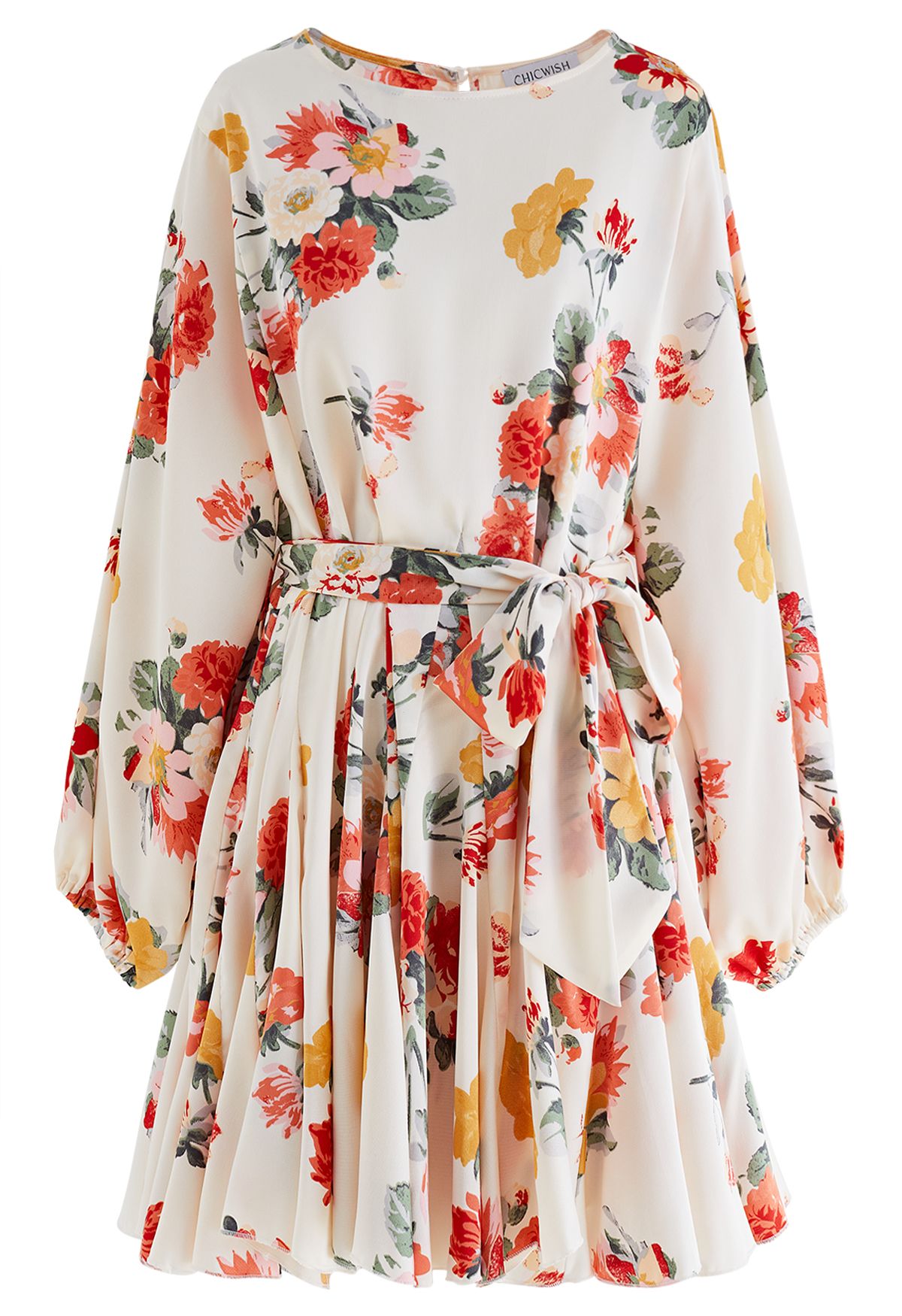 Dreamy Bouquet Printed Bubble Sleeves Frilling Dress in Cream