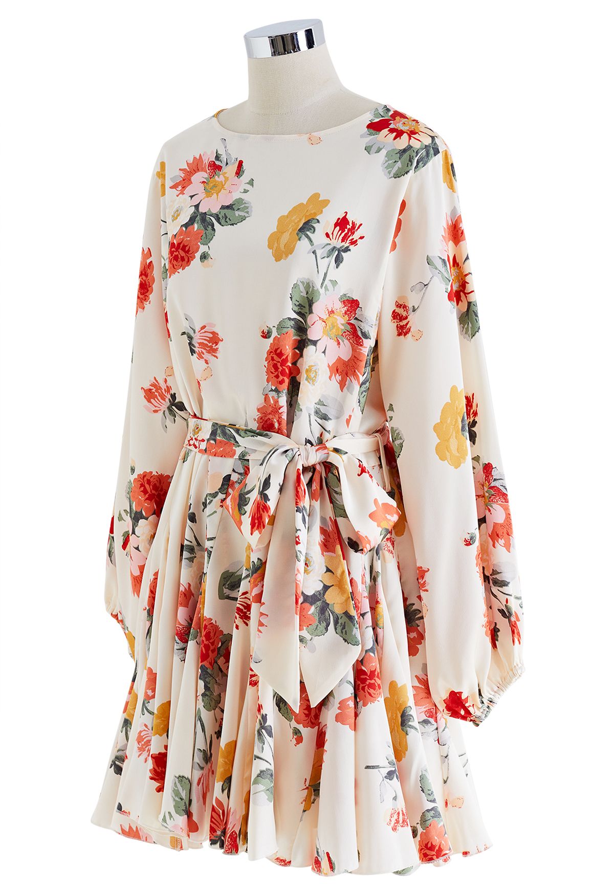 Dreamy Bouquet Printed Bubble Sleeves Frilling Dress in Cream