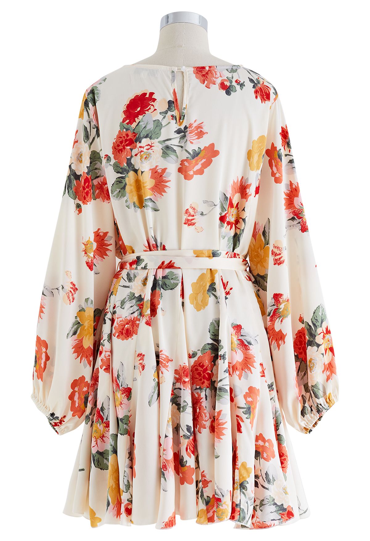 Dreamy Bouquet Printed Bubble Sleeves Frilling Dress in Cream