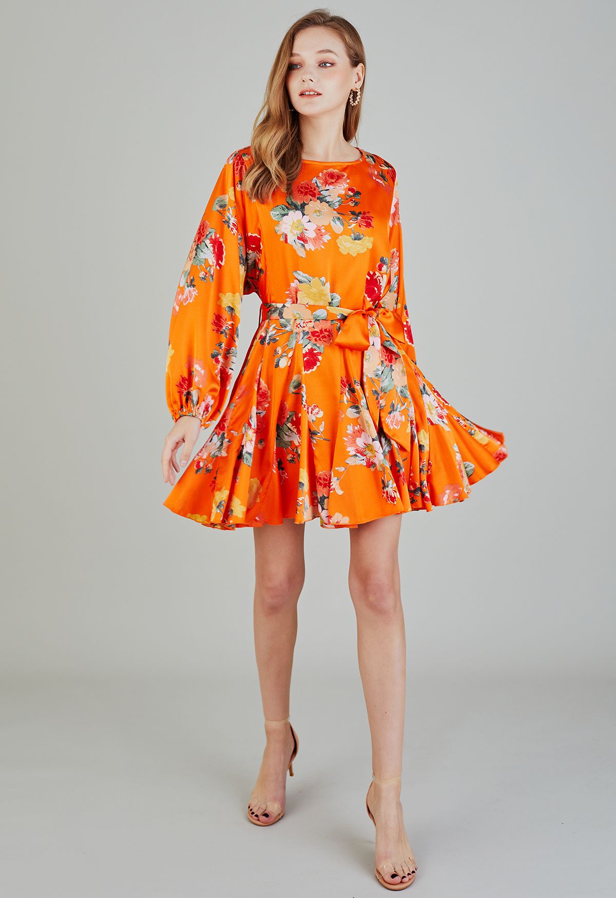 Dreamy Bouquet Printed Bubble Sleeves Frilling Dress in Orange