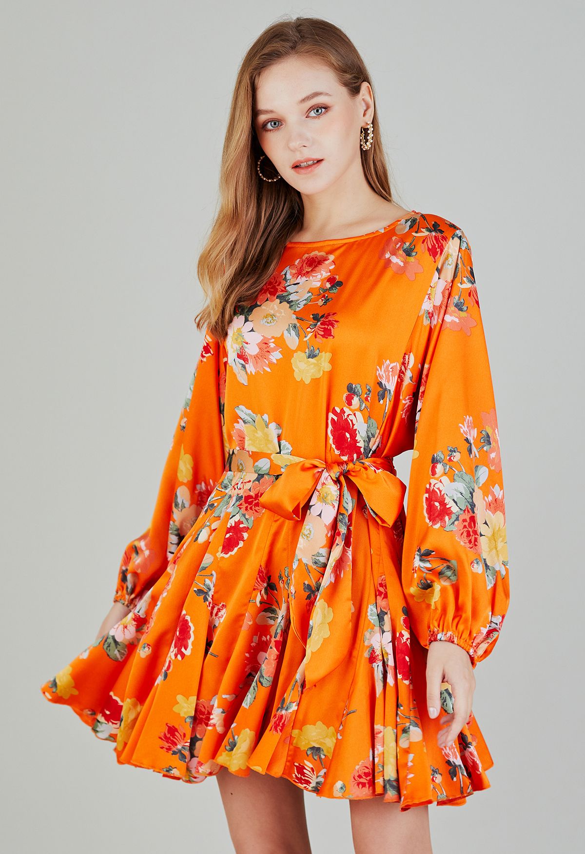 Dreamy Bouquet Printed Bubble Sleeves Frilling Dress in Orange