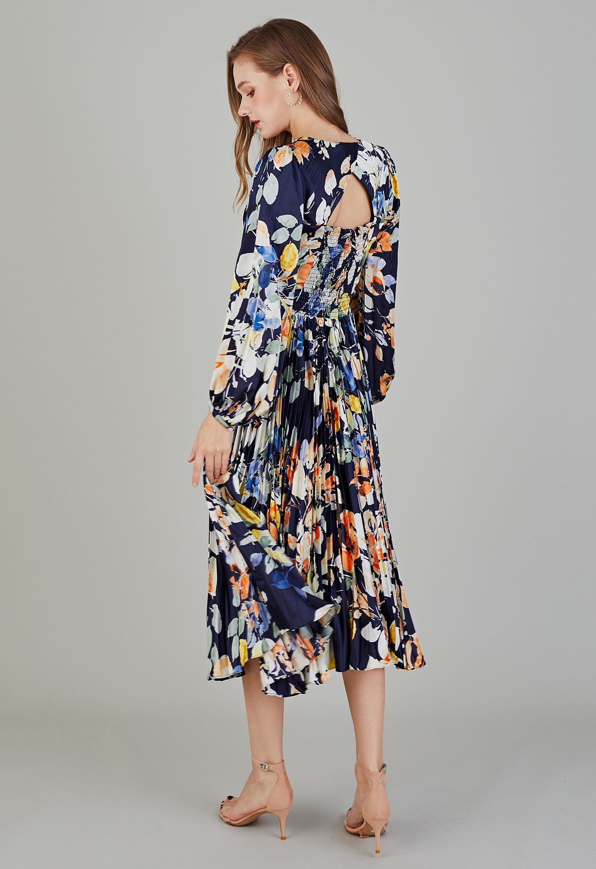 Navy Floral Cut Out Back Pleated Satin Dress - Retro, Indie and Unique  Fashion