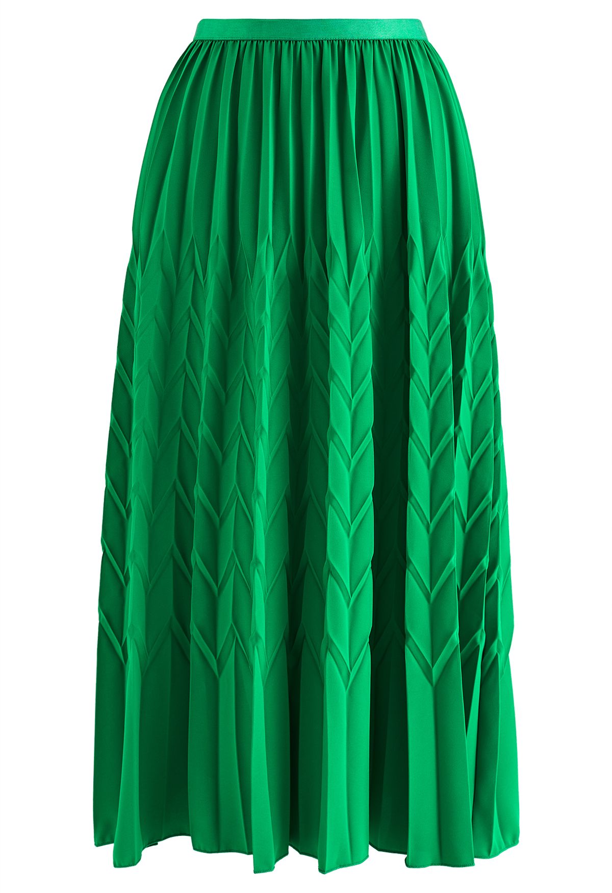 Zigzag Embossed Pleated Midi Skirt in Green