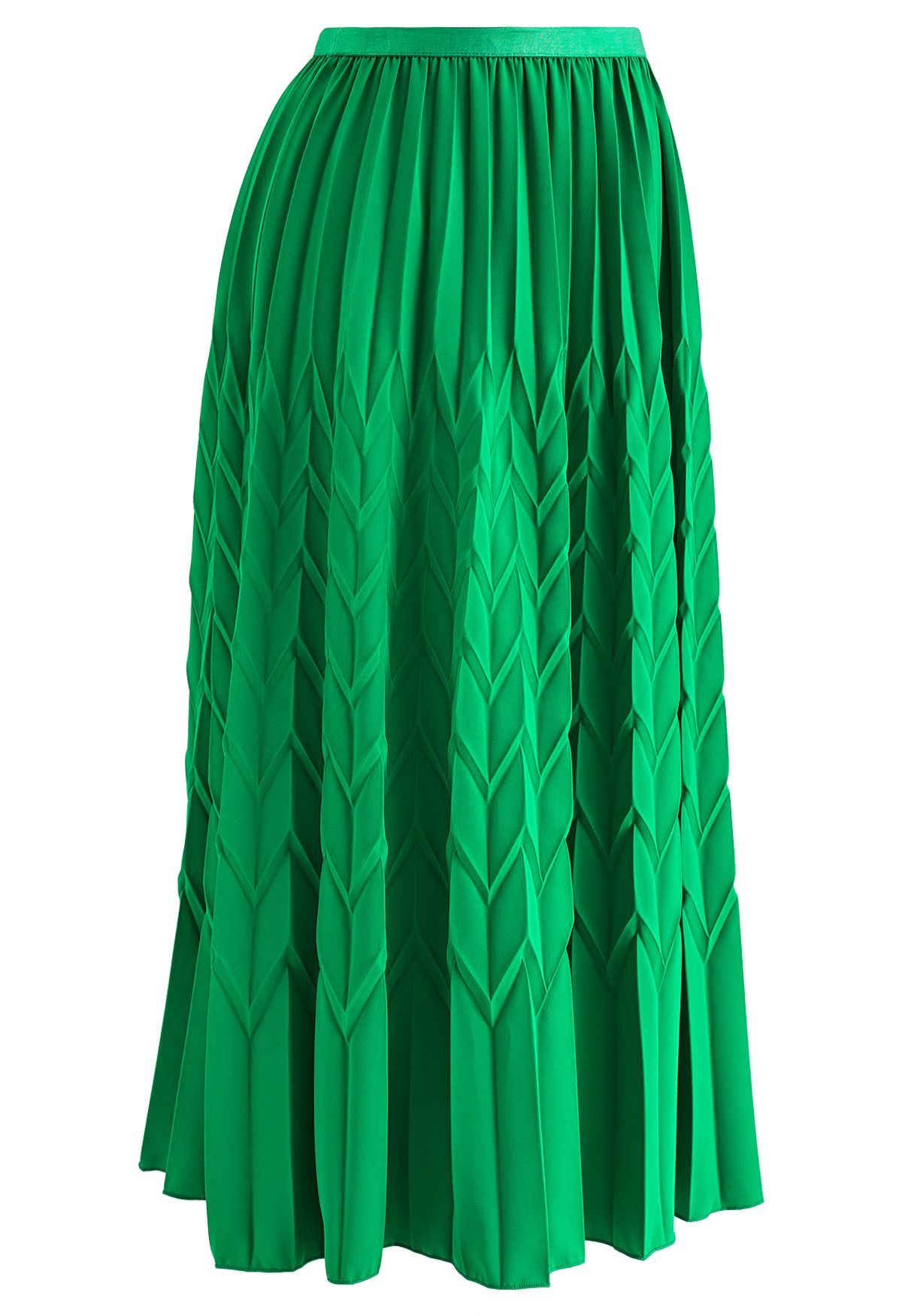 Zigzag Embossed Pleated Midi Skirt in Green