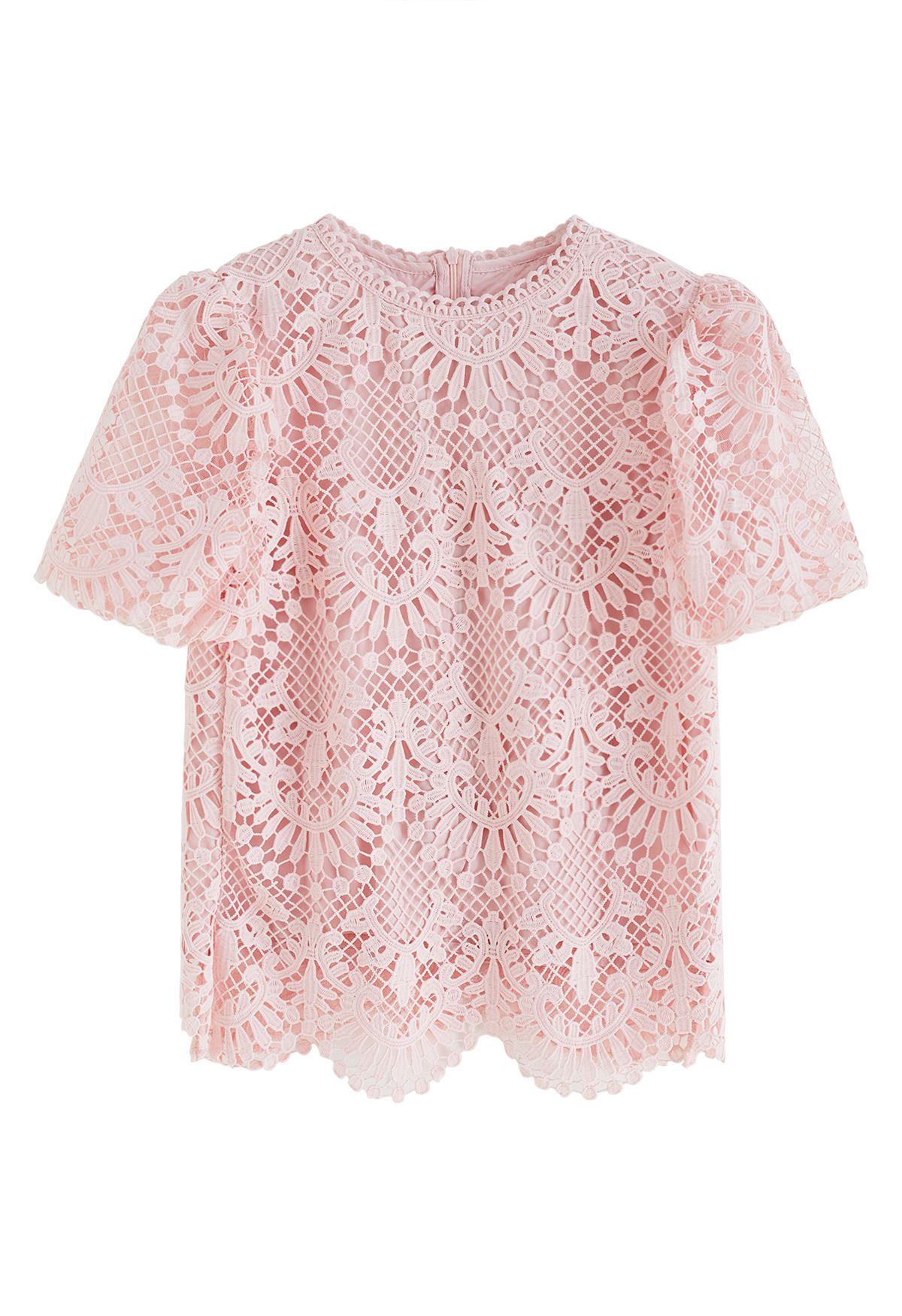 Scallop Edge Bubble Sleeve Crochet Top in Pink - Retro, Indie and ...